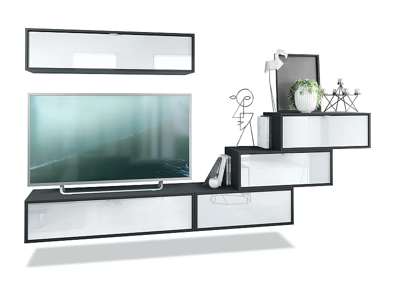 Pensile Lana V1 Entertainment Center di 5 elementi sospesi con 12 ripiani, struttura in nero opaco, frontali in bianco High Gloss