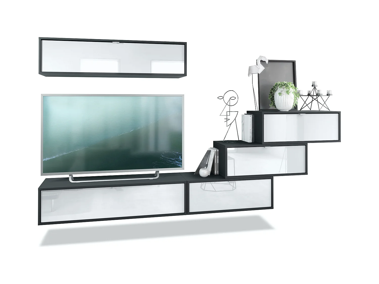 Unité murale Lana V1 composée de 5 unités murales à 12 compartiments, caisson en Noir mat, façades en Blanc haute brillance | Grand choix de couleurs