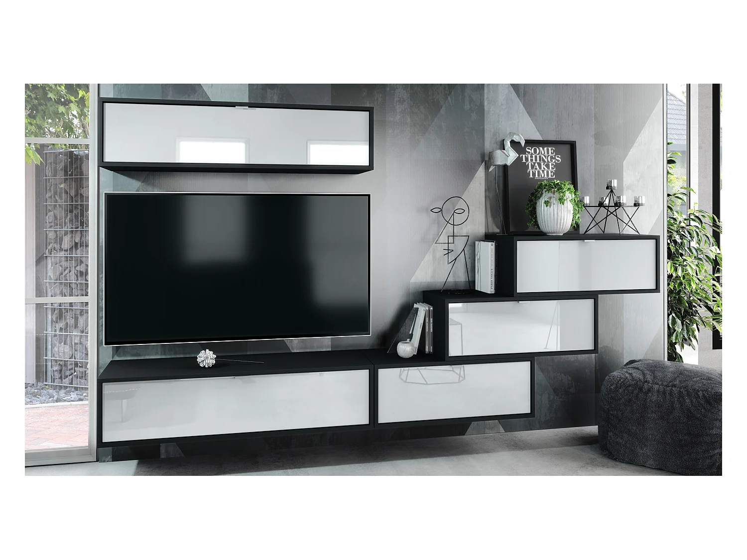 Unité murale Lana V1 composée de 5 unités murales à 12 compartiments, caisson en Noir mat, façades en Blanc haute brillance | Grand choix de couleurs