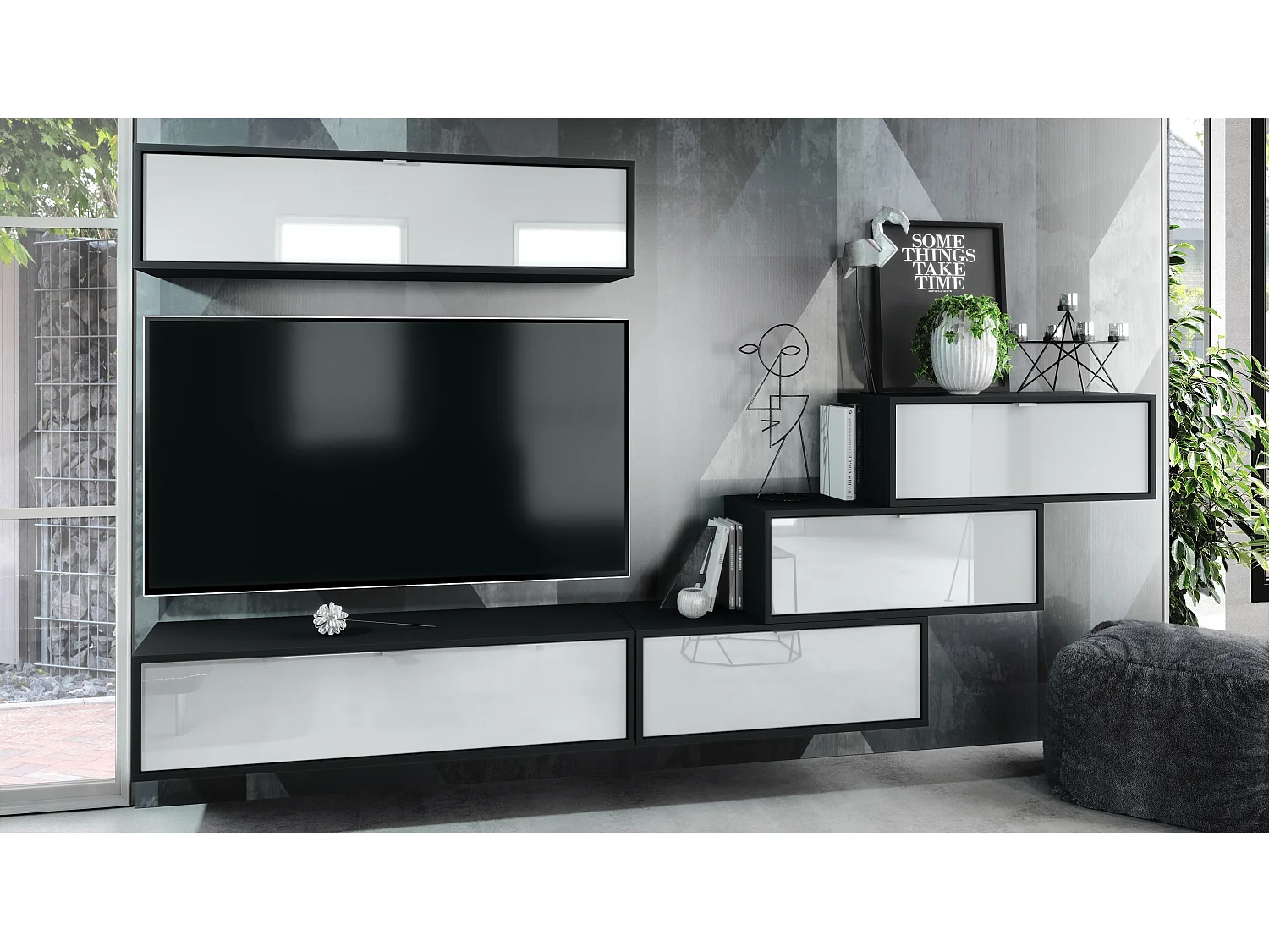 Unité murale Lana V1 composée de 5 unités murales à 12 compartiments, caisson en Noir mat, façades en Blanc haute brillance | Grand choix de couleurs