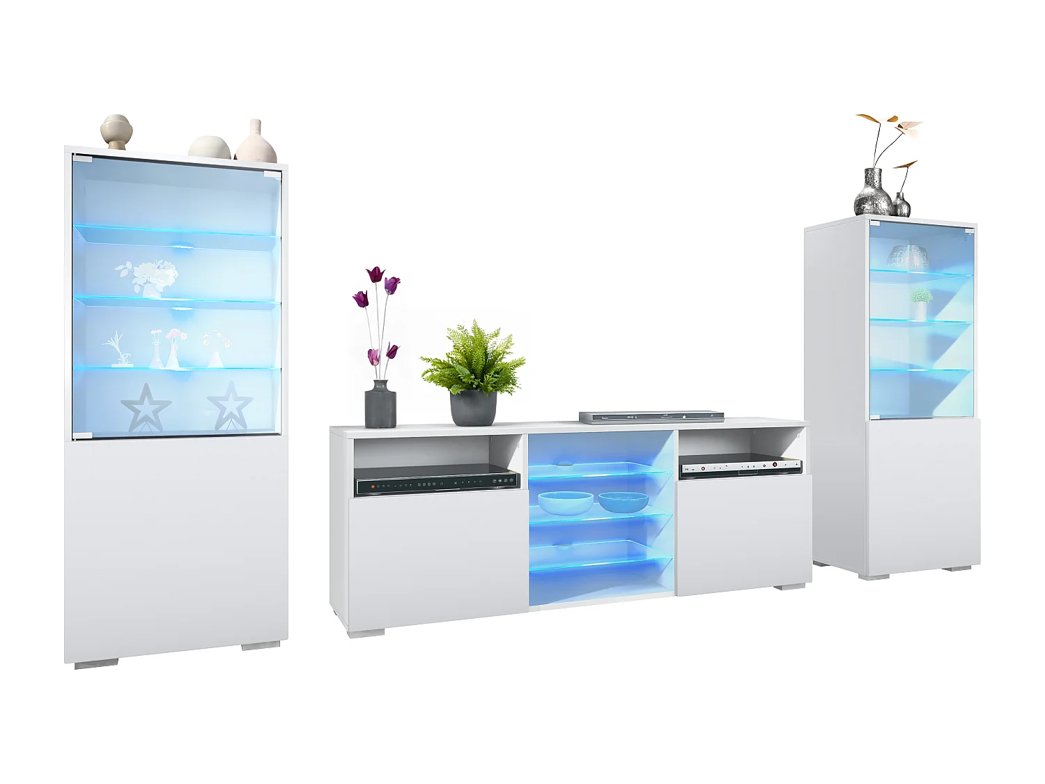 Ensemble mural Granada pour salon, comprenant 2 vitrines et 1 meuble TV, blanc mat/blanc mat éclairage LED inclus (286 x 122,5 x 35 cm)