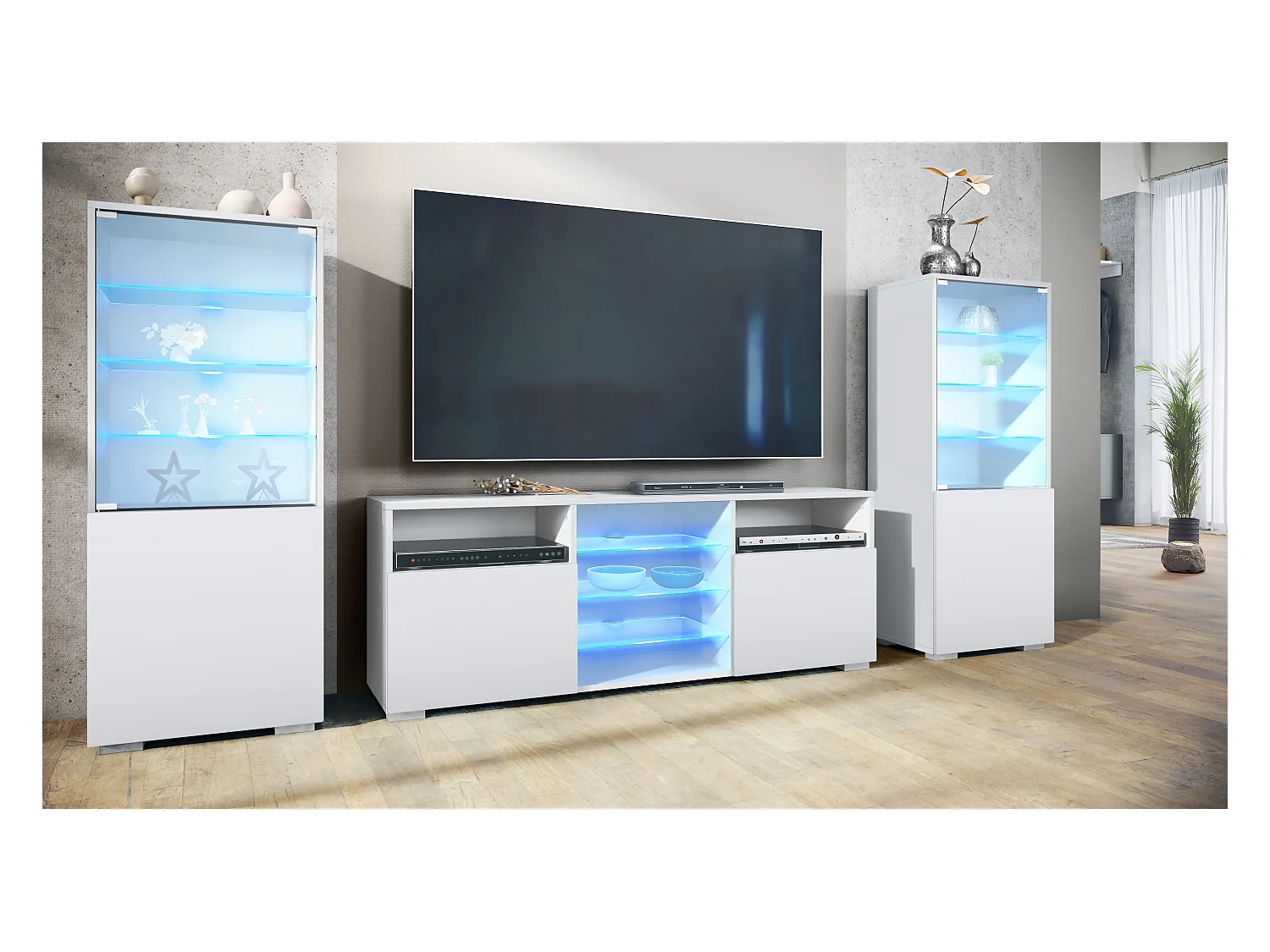 Ensemble mural Granada pour salon, comprenant 2 vitrines et 1 meuble TV, blanc mat/blanc mat éclairage LED inclus (286 x 122,5 x 35 cm)