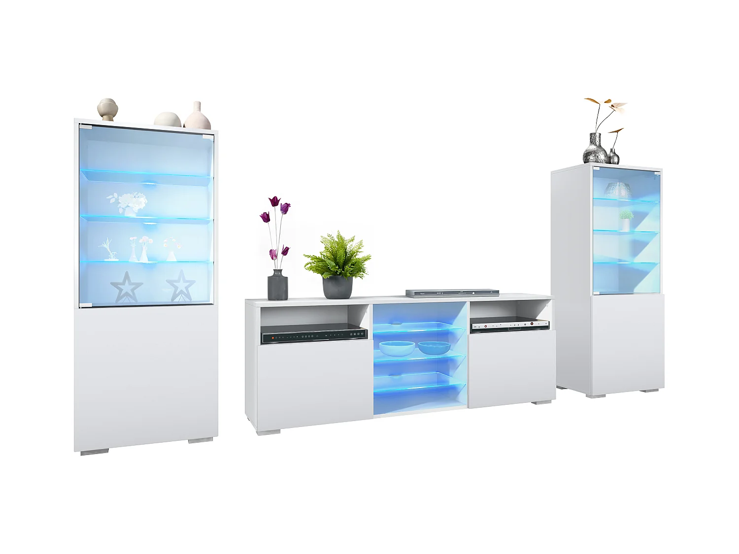 Ensemble mural Granada pour salon, comprenant 2 vitrines et 1 meuble TV, blanc mat/blanc mat éclairage LED inclus (286 x 122,5 x 35 cm)