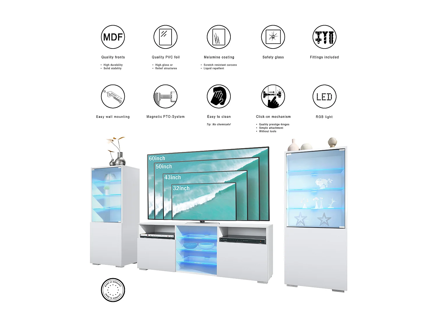 Ensemble mural Granada pour salon, comprenant 2 vitrines et 1 meuble TV, blanc mat/blanc mat éclairage LED inclus (286 x 122,5 x 35 cm)