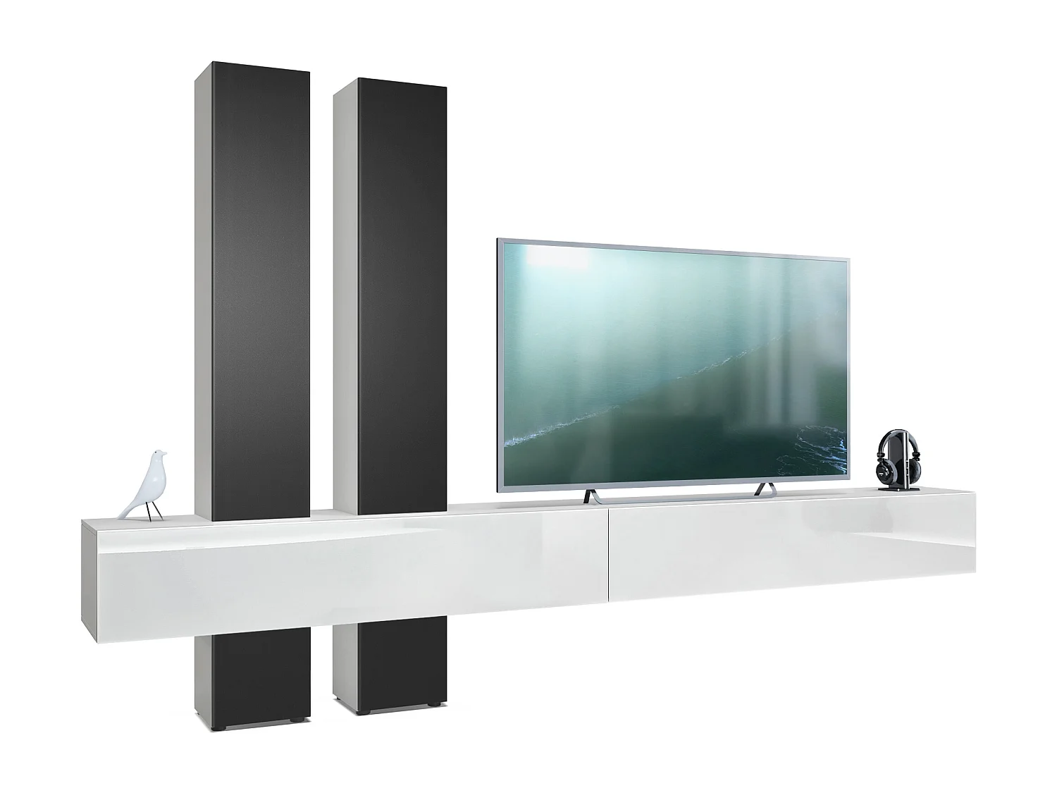 Parete attrezzata Vladon Moja - Bianco opaco & Bianco/nero opaco - Parete attrezzata moderna per il soggiorno (LxHxP) 330 x 204 x 39 cm