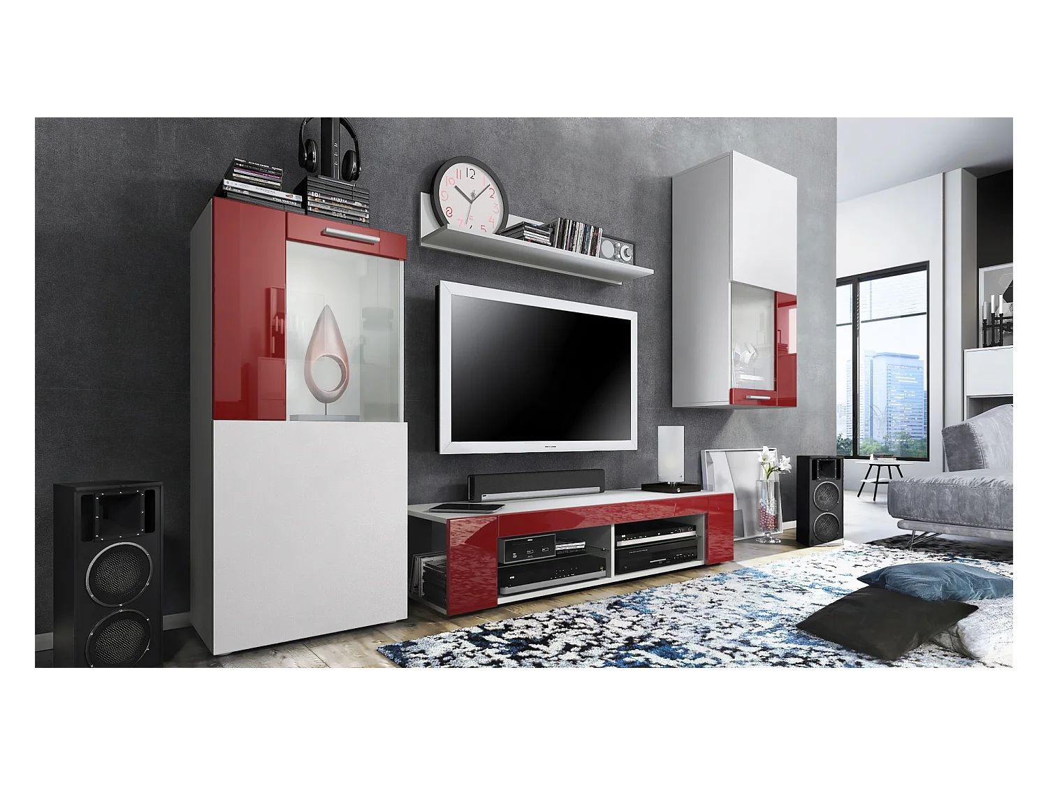 Ensemble de salon Movie comprenant 1 meuble bas TV, 2 vitrines et 1 étagère, Blanc mat/Bordeaux haute brillance, (Dimensions totales : 300 x 190 x 39 cm)