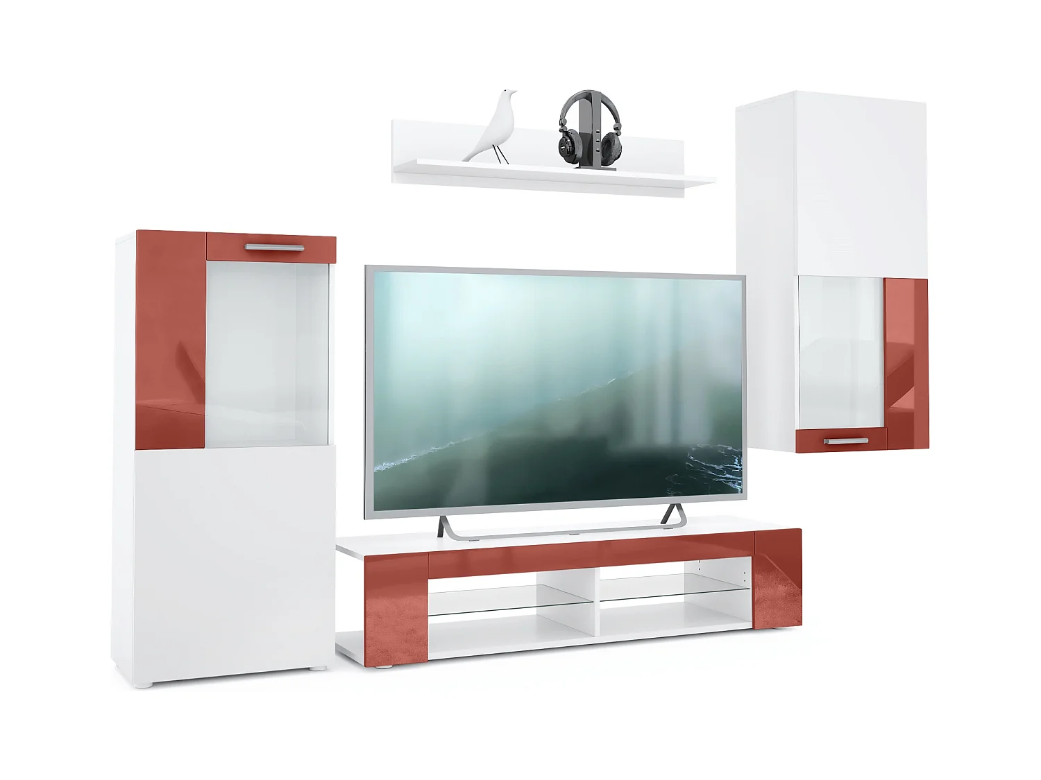 Ensemble de salon Movie comprenant 1 meuble bas TV, 2 vitrines et 1 étagère, Blanc mat/Bordeaux haute brillance, (Dimensions totales : 300 x 190 x 39 cm)