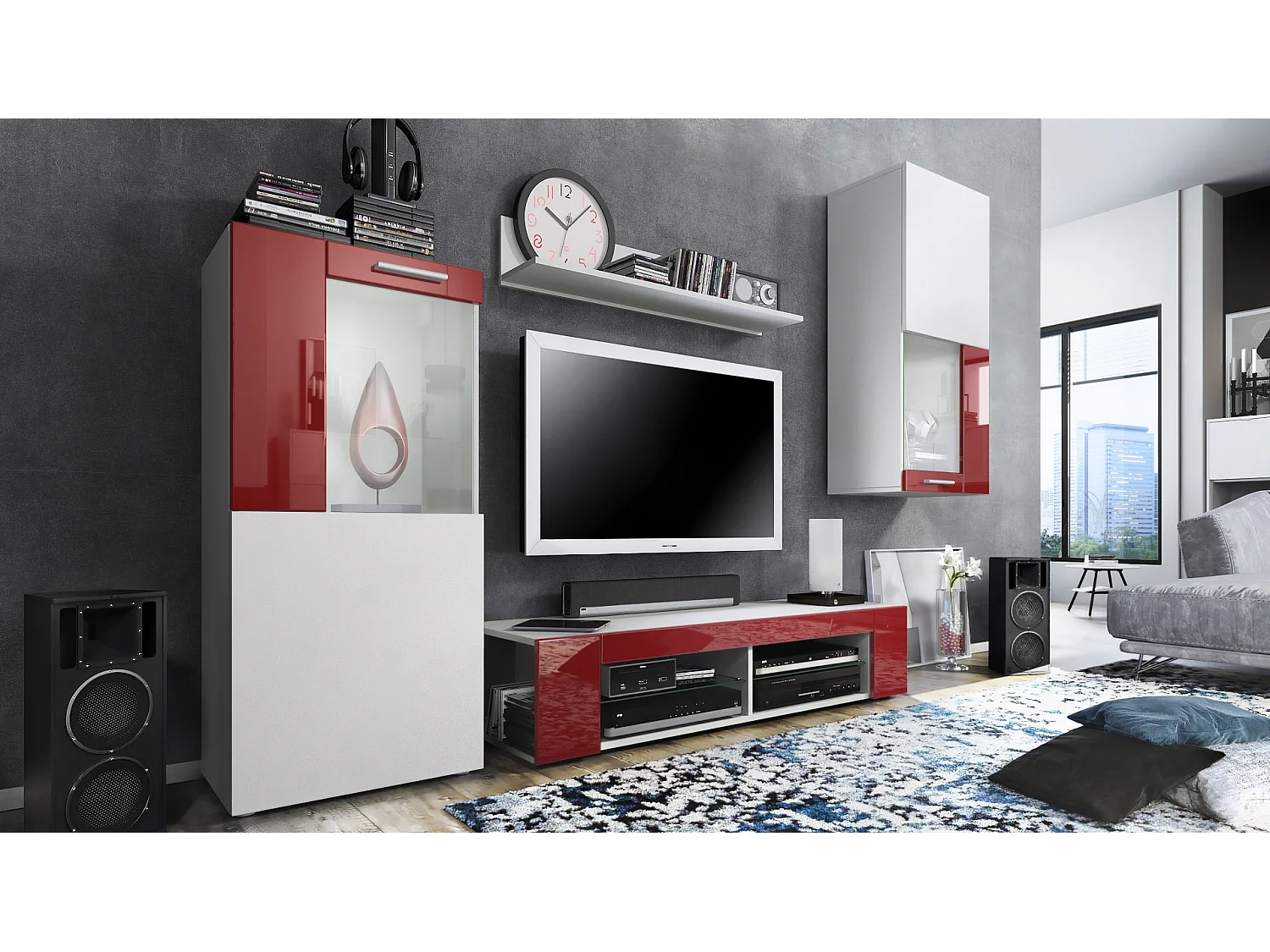 Ensemble de salon Movie comprenant 1 meuble bas TV, 2 vitrines et 1 étagère, Blanc mat/Bordeaux haute brillance, (Dimensions totales : 300 x 190 x 39 cm)