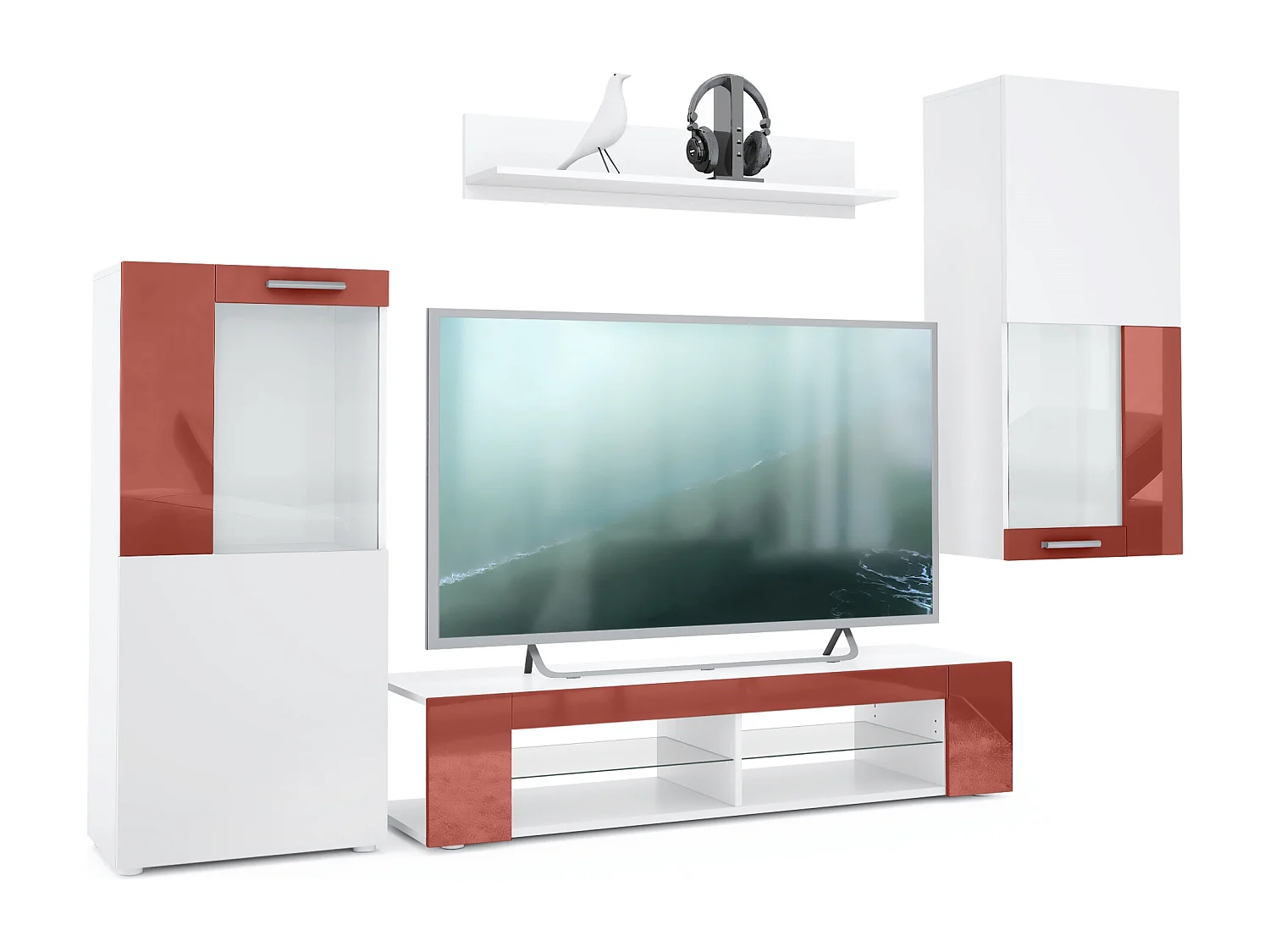 Ensemble de salon Movie comprenant 1 meuble bas TV, 2 vitrines et 1 étagère, Blanc mat/Bordeaux haute brillance, (Dimensions totales : 300 x 190 x 39 cm)