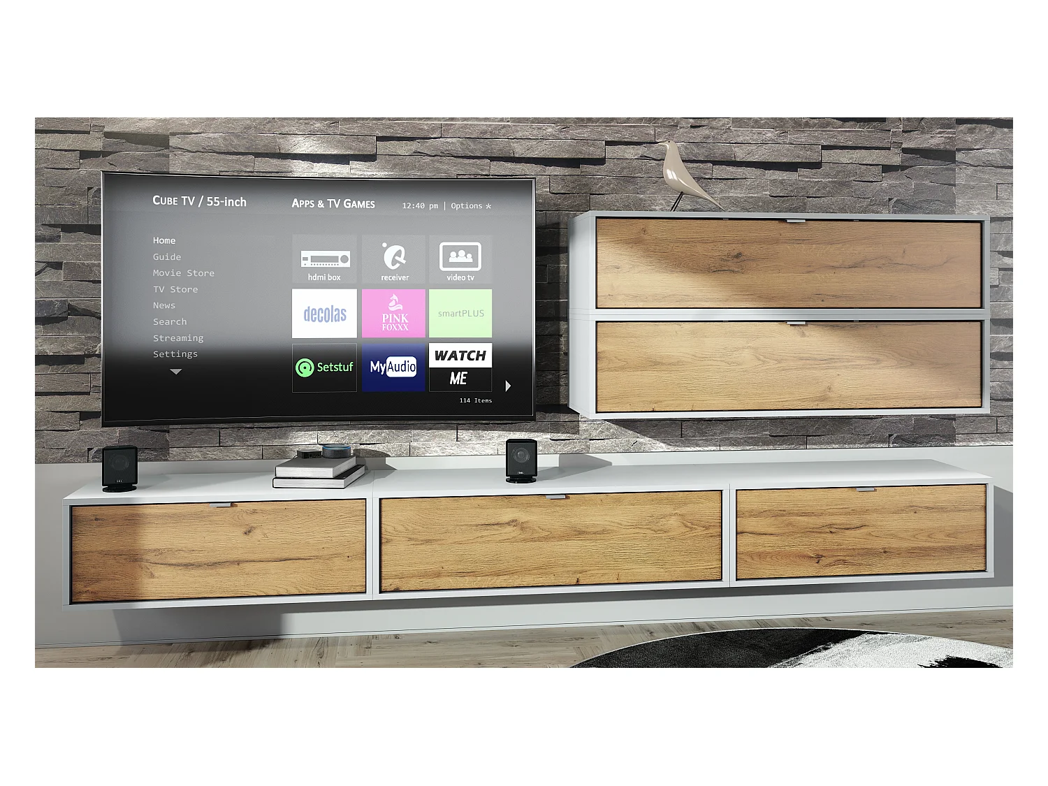 Unité murale Lana V2 composée de 5 unités murales à 12 compartiments, caisson en Blanc mat, façades en Chêne Nature