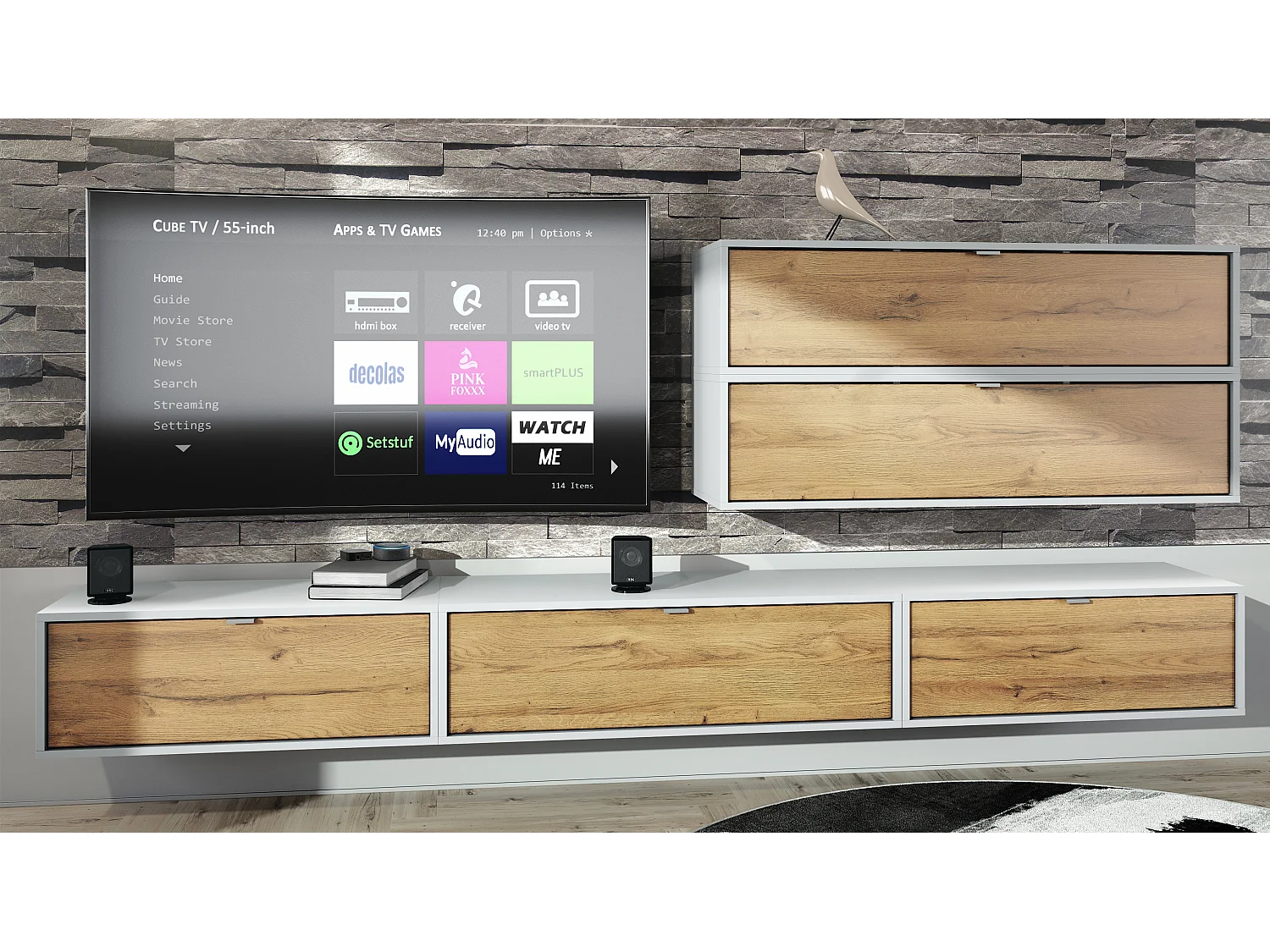 Parete attrezzata Lana V2 Centro di intrattenimento a 5 elementi sospesi con 12 ripiani, struttura in bianco opaco, frontali in rovere naturale.