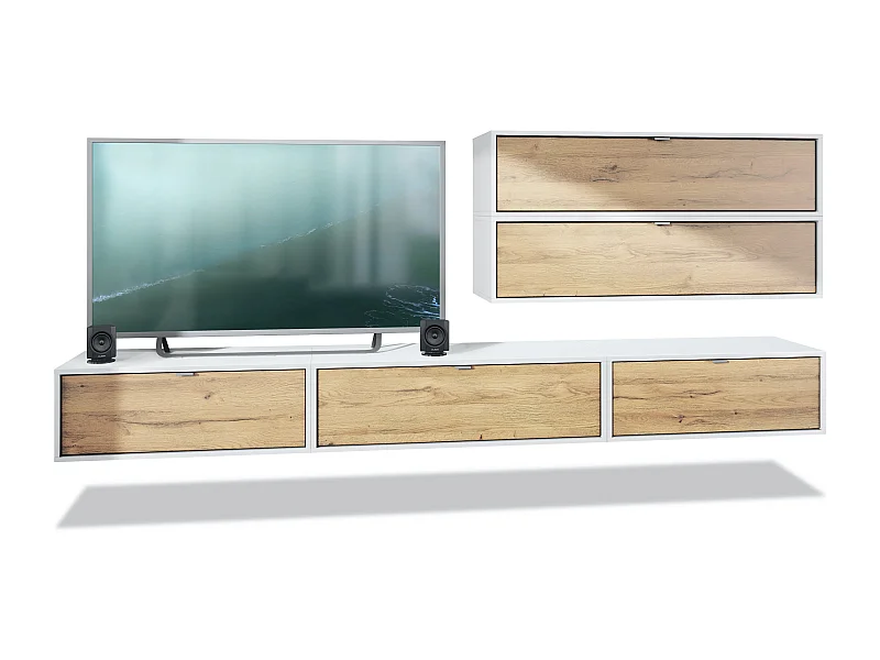 Unité murale Lana V2 composée de 5 unités murales à 12 compartiments, caisson en Blanc mat, façades en Chêne Nature