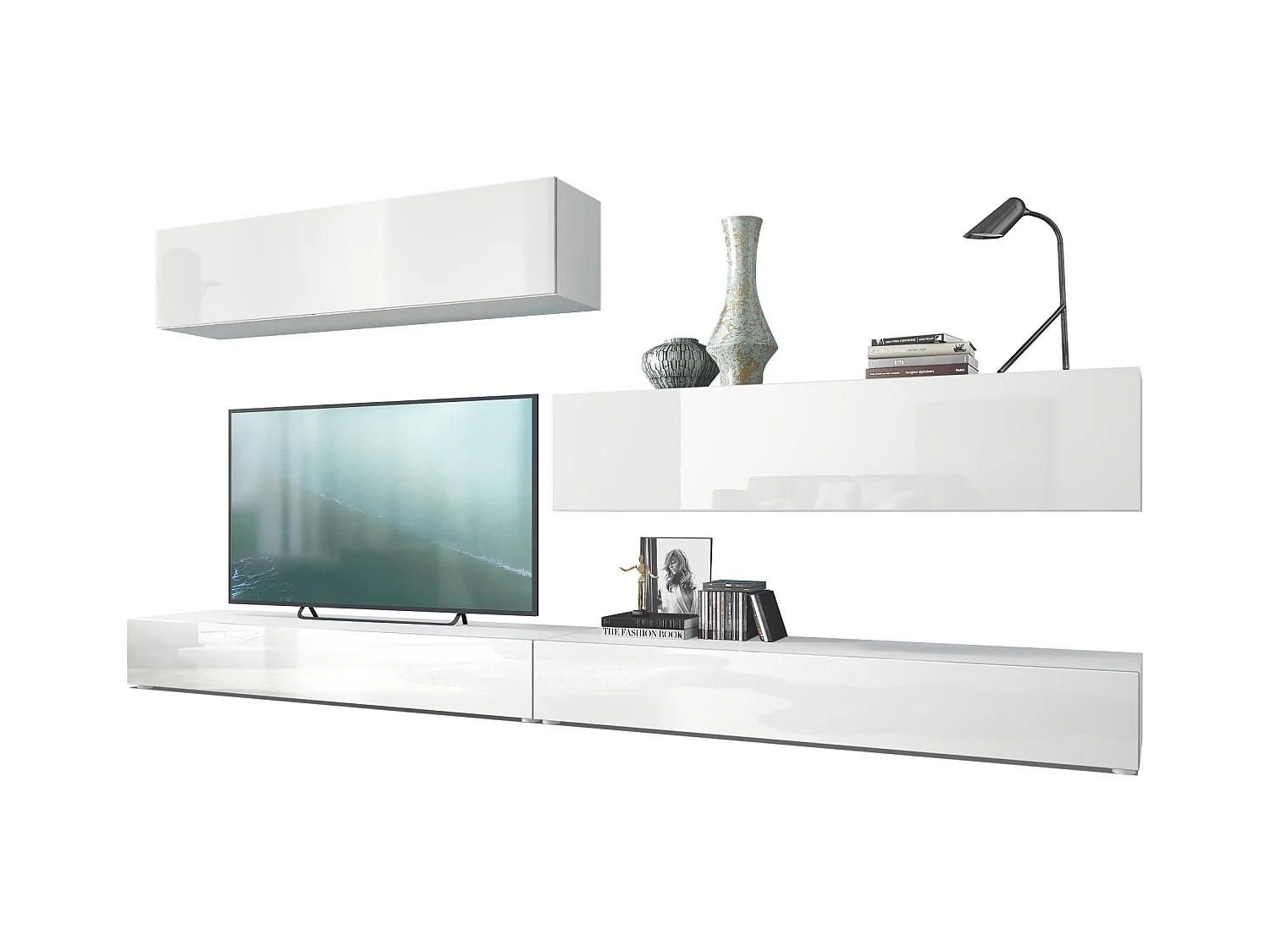 Combinaison murale Armoire Nublo, Corps en Blanc mat / Façades en Blanc haute brillance