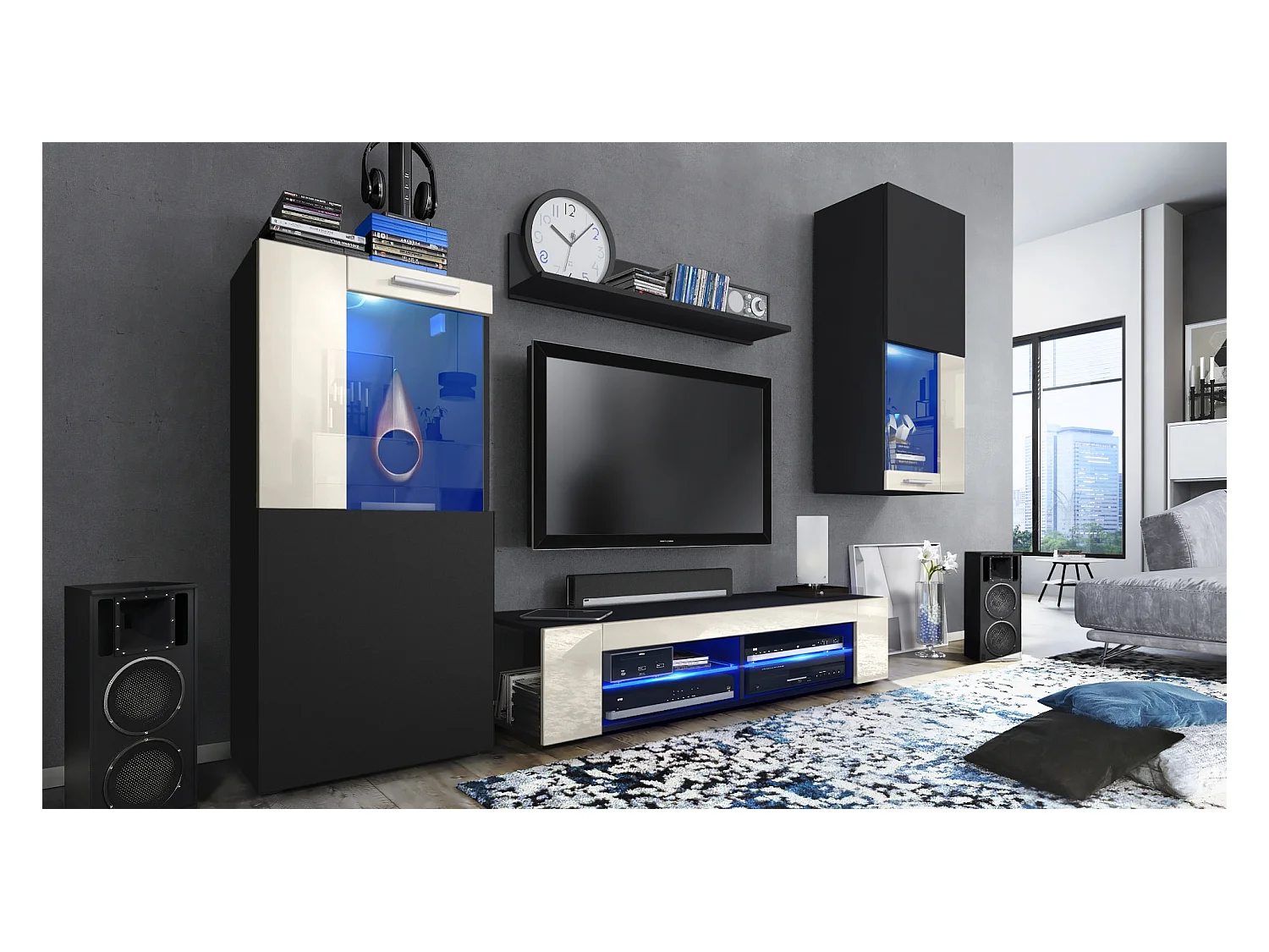 Ensemble de salon Movie comprenant 1 meuble bas TV, 2 vitrines et 1 étagère, Noir mat/Crème haute brillance, (Dimensions totales : 300 x 190 x 39 cm)