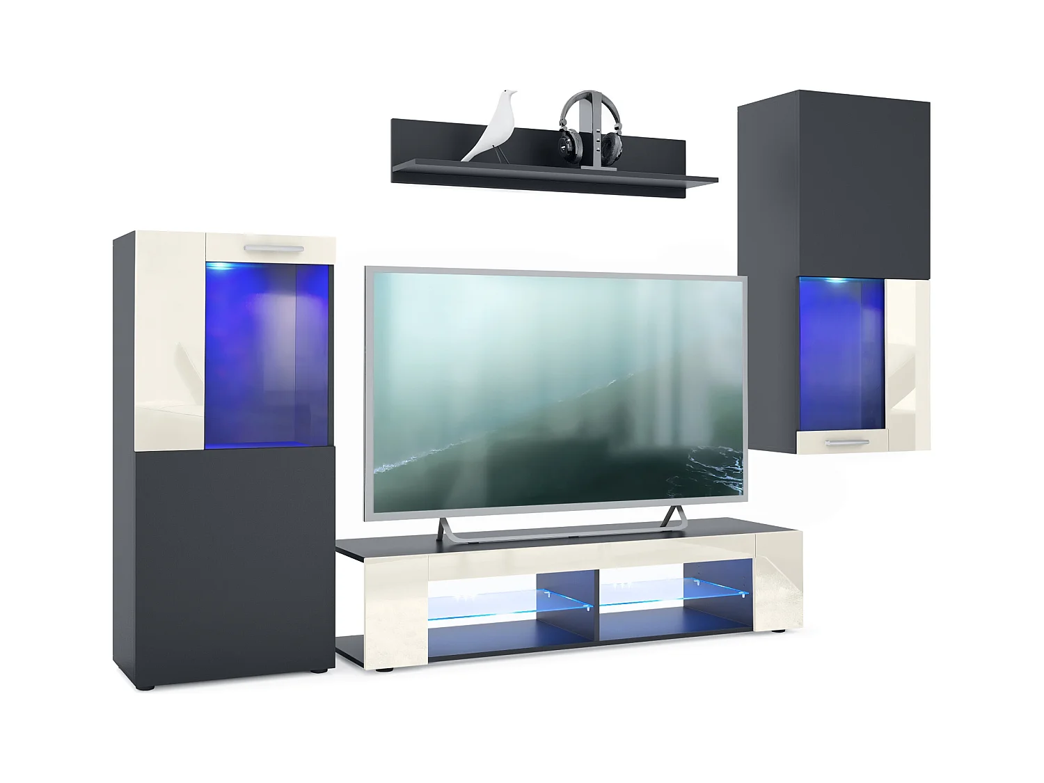 Ensemble de salon Movie comprenant 1 meuble bas TV, 2 vitrines et 1 étagère, Noir mat/Crème haute brillance, (Dimensions totales : 300 x 190 x 39 cm)