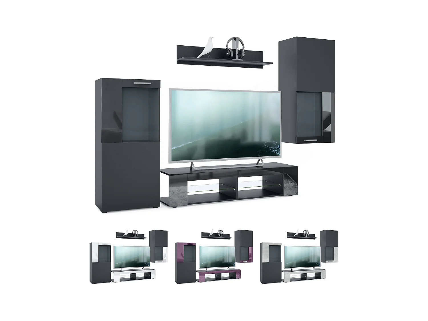 Ensemble de salon Movie comprenant 1 meuble bas TV, 2 vitrines et 1 étagère, Noir mat/Crème haute brillance, (Dimensions totales : 300 x 190 x 39 cm)