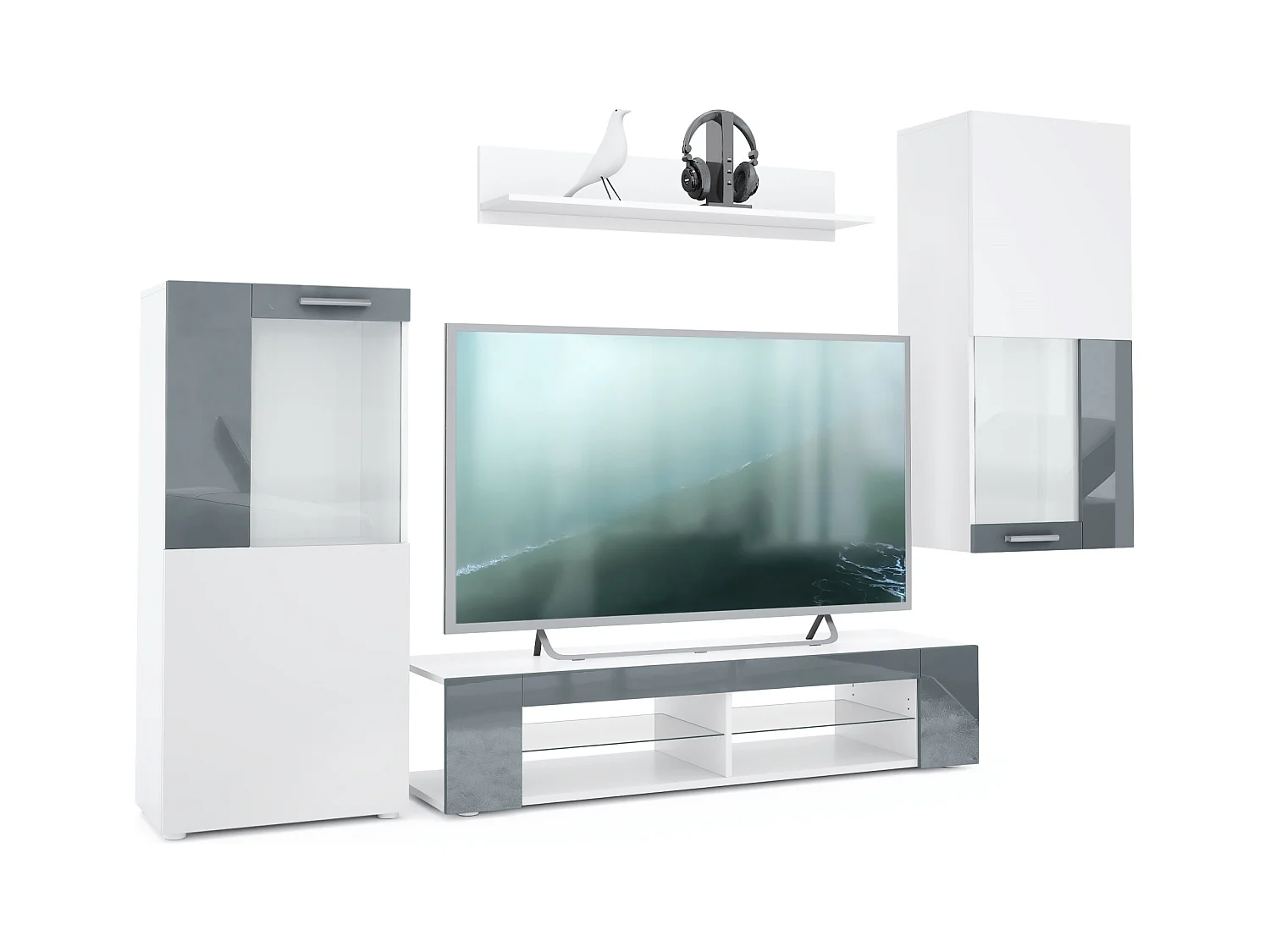 Ensemble de salon Movie comprenant 1 meuble bas TV, 2 vitrines et 1 étagère, Blanc mat/Gris haute brillance, (Dimensions totales : 300 x 190 x 39 cm)