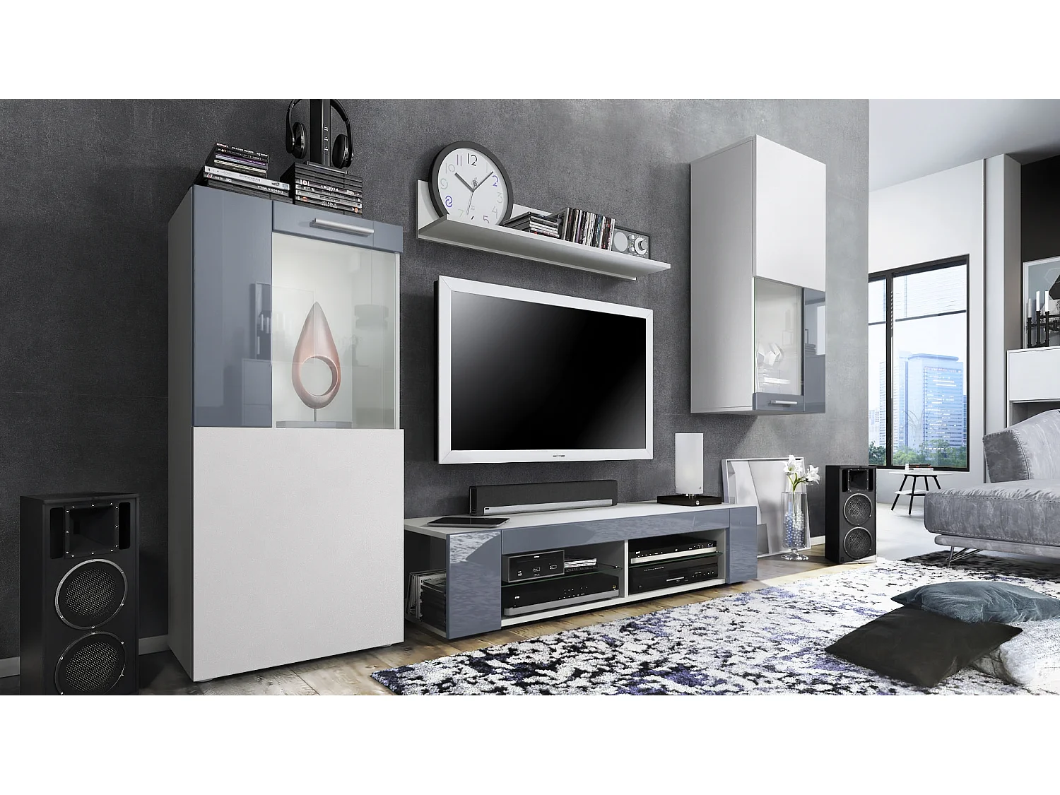 Set da soggiorno  Movie, parete attrezzata con 1 mobile TV, 2 vetrine e 1 scaffale, bianco opaco/bianco opaco/grigio lucido (totale: 300 x 190 x 39 cm)