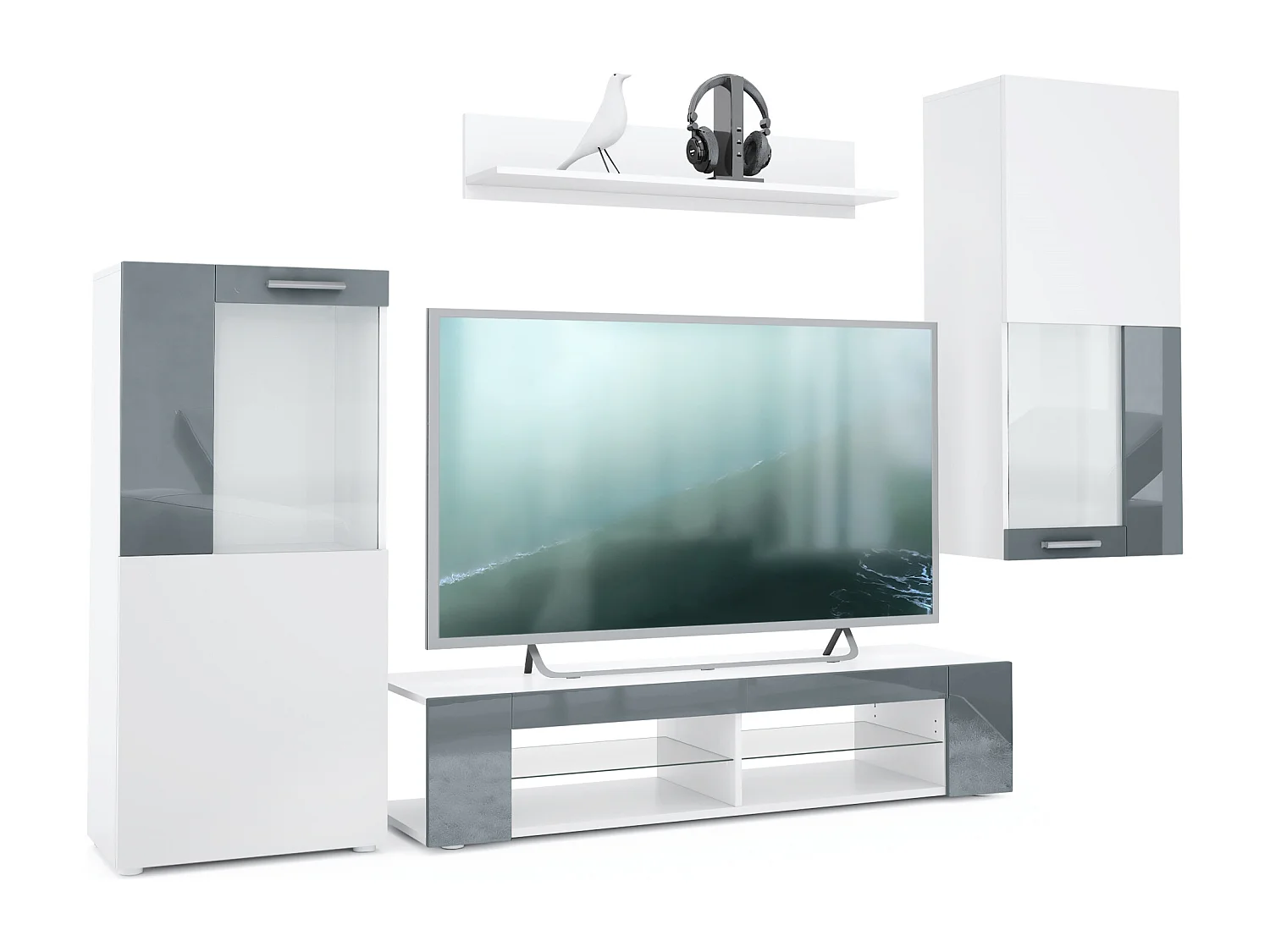 Set da soggiorno  Movie, parete attrezzata con 1 mobile TV, 2 vetrine e 1 scaffale, bianco opaco/bianco opaco/grigio lucido (totale: 300 x 190 x 39 cm)