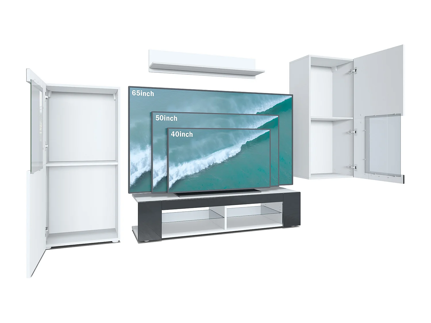 Set da soggiorno  Movie, parete attrezzata con 1 mobile TV, 2 vetrine e 1 scaffale, bianco opaco/bianco opaco/grigio lucido (totale: 300 x 190 x 39 cm)