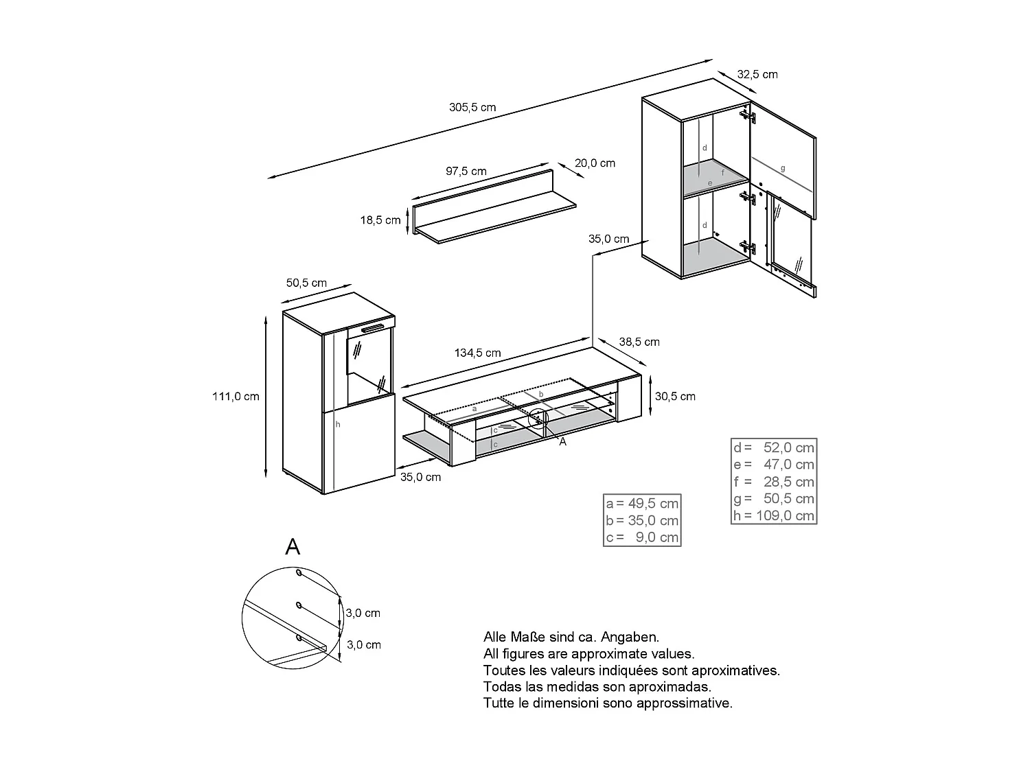 Set da soggiorno  Movie, parete attrezzata con 1 mobile TV, 2 vetrine e 1 scaffale, bianco opaco/bianco opaco/grigio lucido (totale: 300 x 190 x 39 cm)