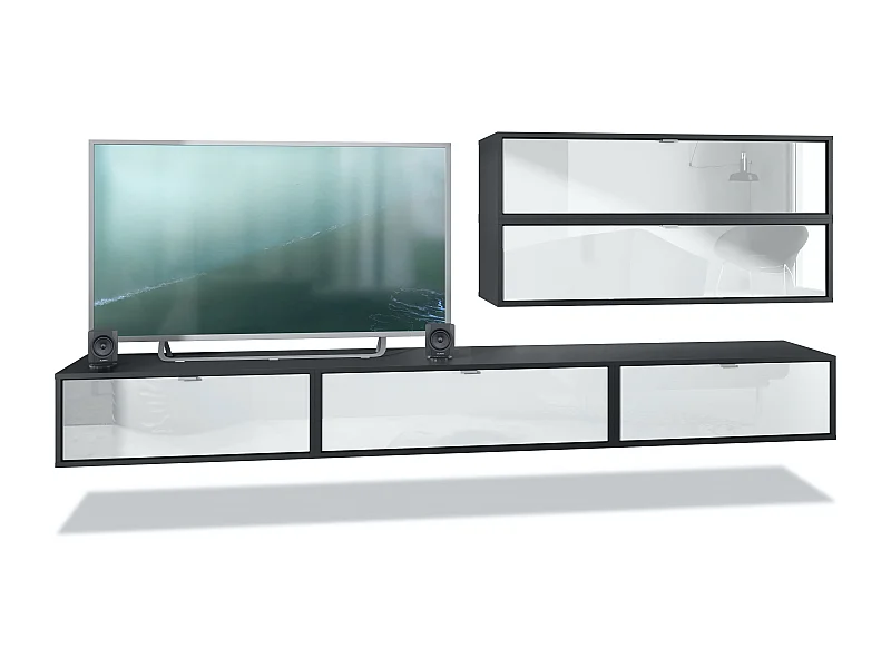 Parete attrezzata Lana V2 Centro di intrattenimento a 5 elementi sospesi con 12 ripiani, struttura in nero opaco, frontali in bianco lucido