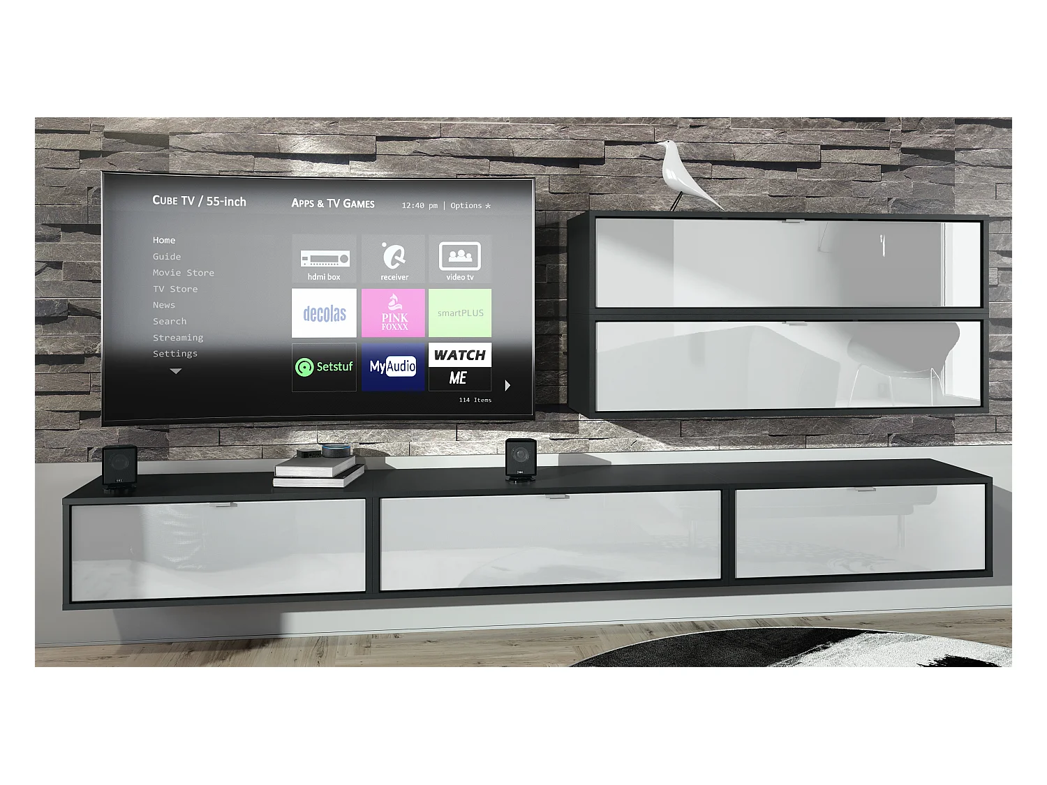 Unité murale Lana V2 composée de 5 unités murales à 12 compartiments, caisson en Noir mat, façades en Blanc haute brillance