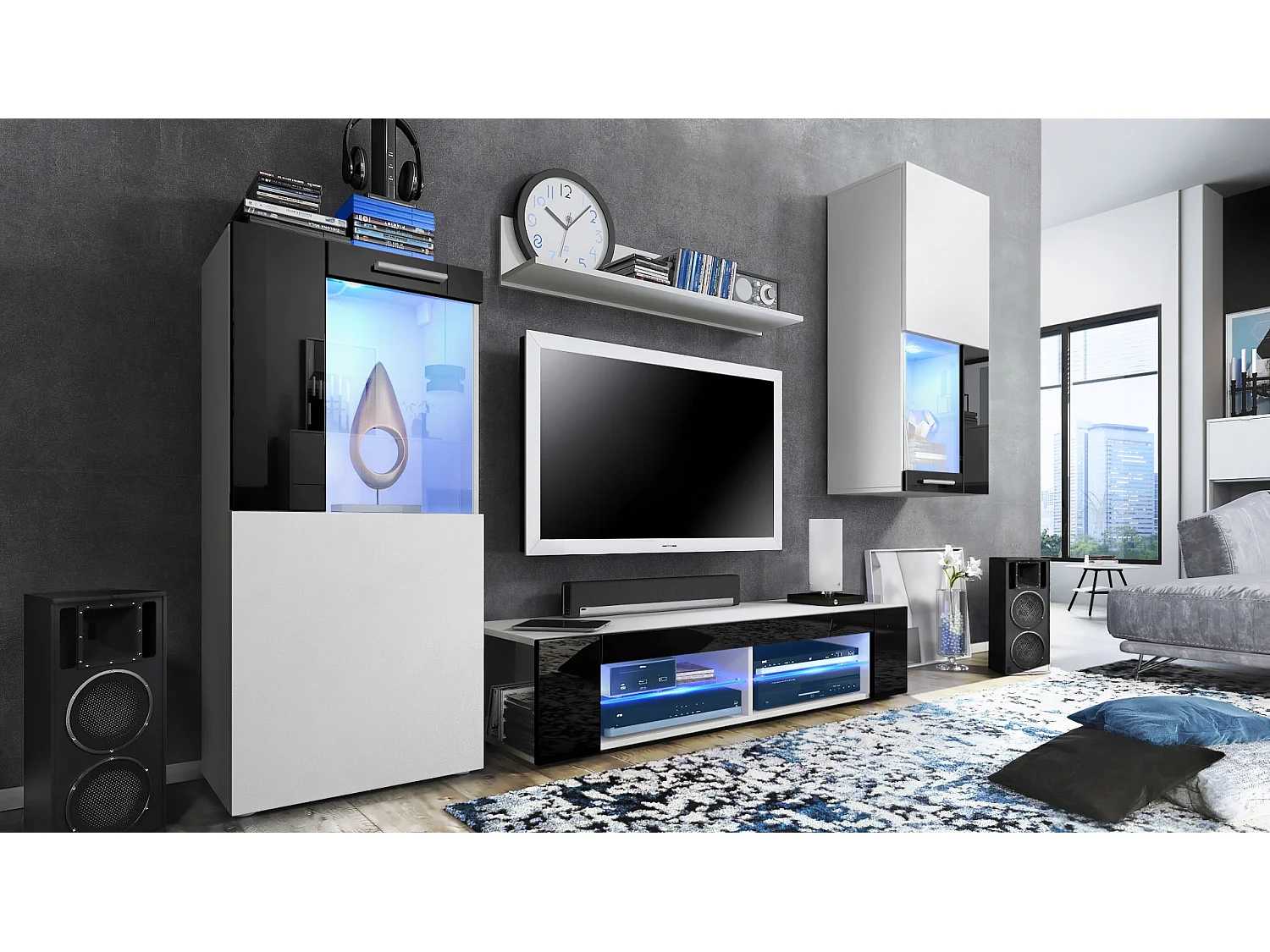 Ensemble de salon Movie comprenant 1 meuble bas TV, 2 vitrines et 1 étagère, Blanc mat/Noir haute brillance, (Dimensions totales : 300 x 190 x 39 cm)