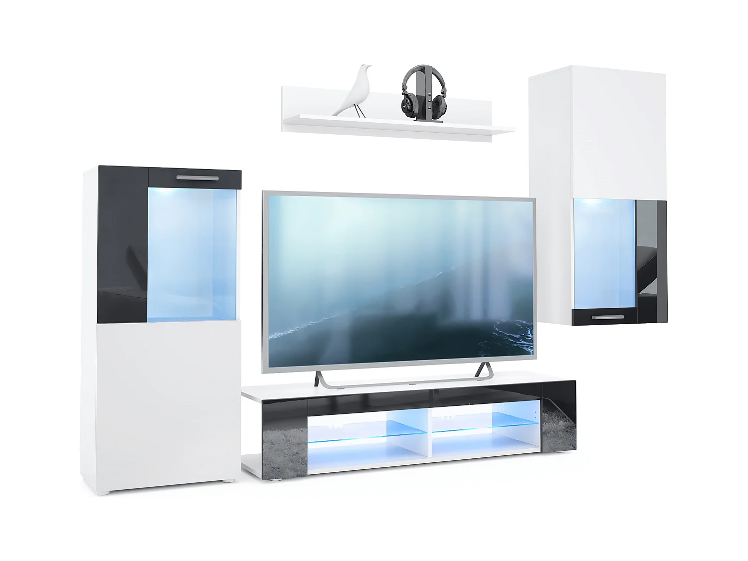 Ensemble de salon Movie comprenant 1 meuble bas TV, 2 vitrines et 1 étagère, Blanc mat/Noir haute brillance, (Dimensions totales : 300 x 190 x 39 cm)