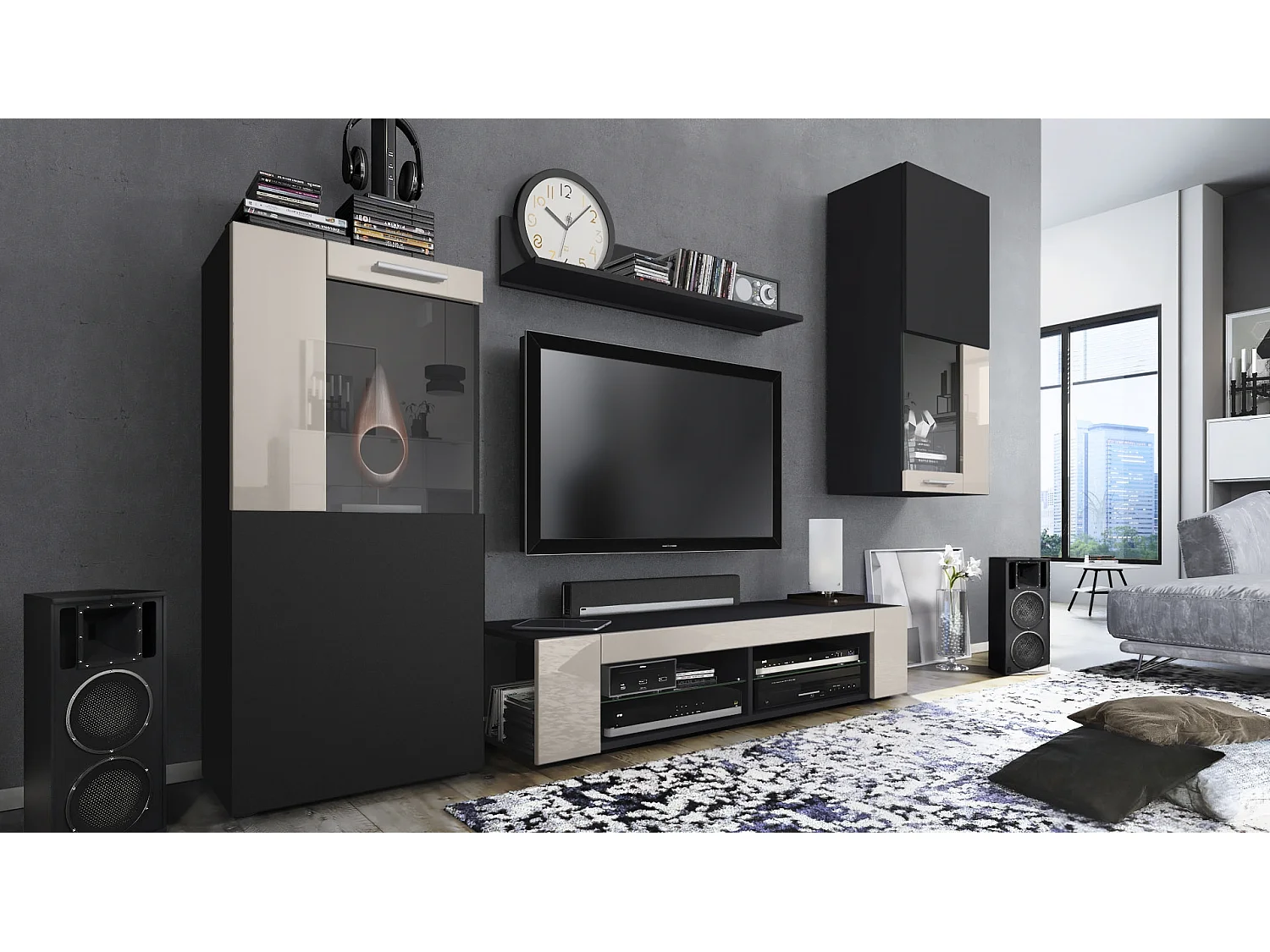 Ensemble de salon Movie comprenant 1 meuble bas TV, 2 vitrines et 1 étagère, Noir mat/Gris sable haute brillance, (Dimensions totales : 300 x 190 x 39 cm)