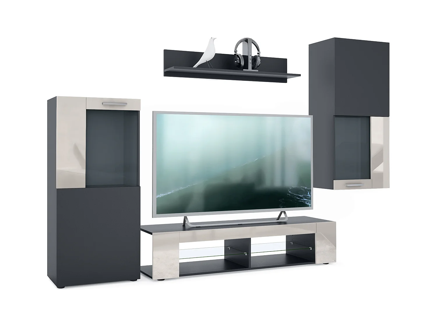 Ensemble de salon Movie comprenant 1 meuble bas TV, 2 vitrines et 1 étagère, Noir mat/Gris sable haute brillance, (Dimensions totales : 300 x 190 x 39 cm)