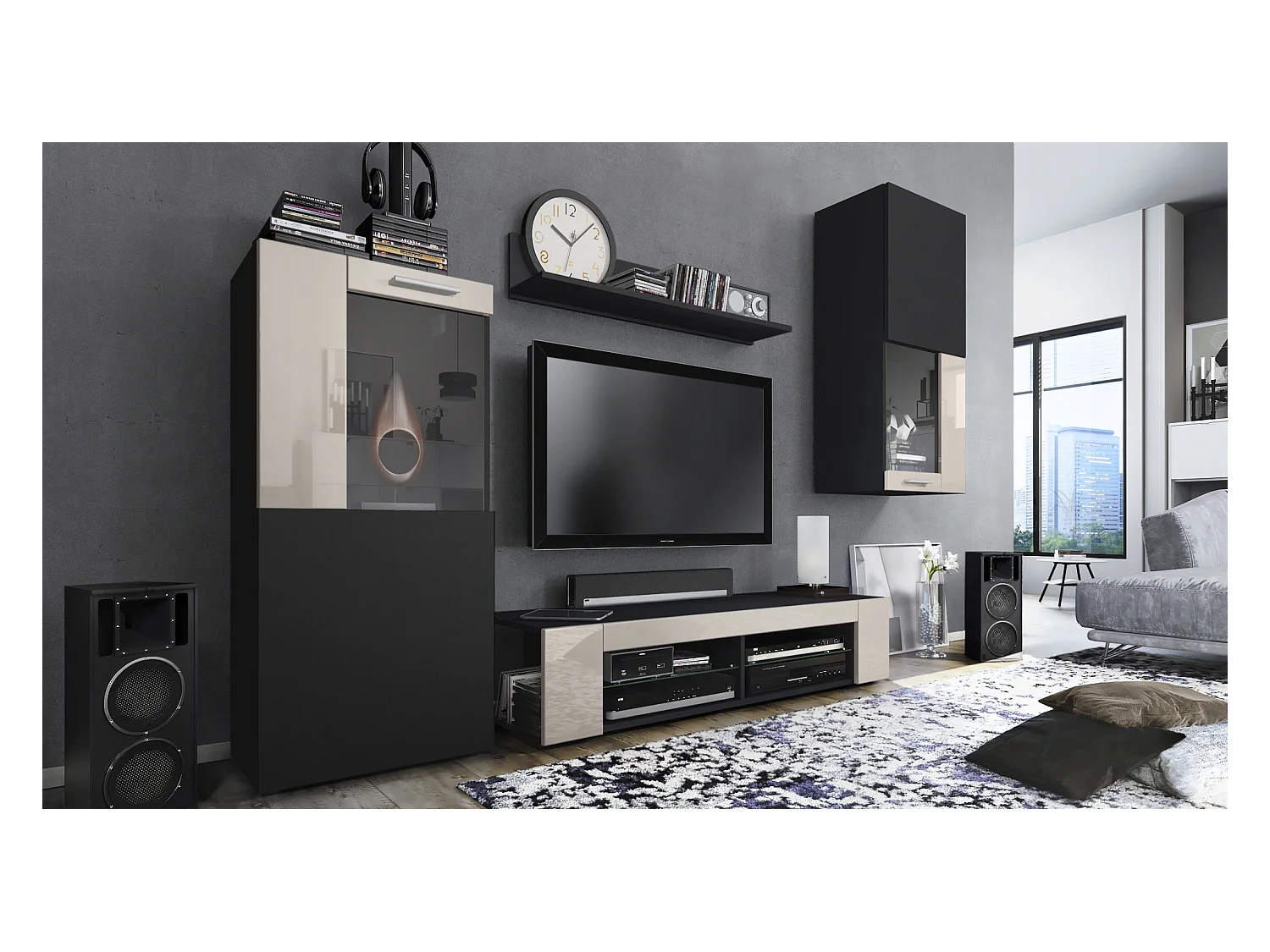 Ensemble de salon Movie comprenant 1 meuble bas TV, 2 vitrines et 1 étagère, Noir mat/Gris sable haute brillance, (Dimensions totales : 300 x 190 x 39 cm)