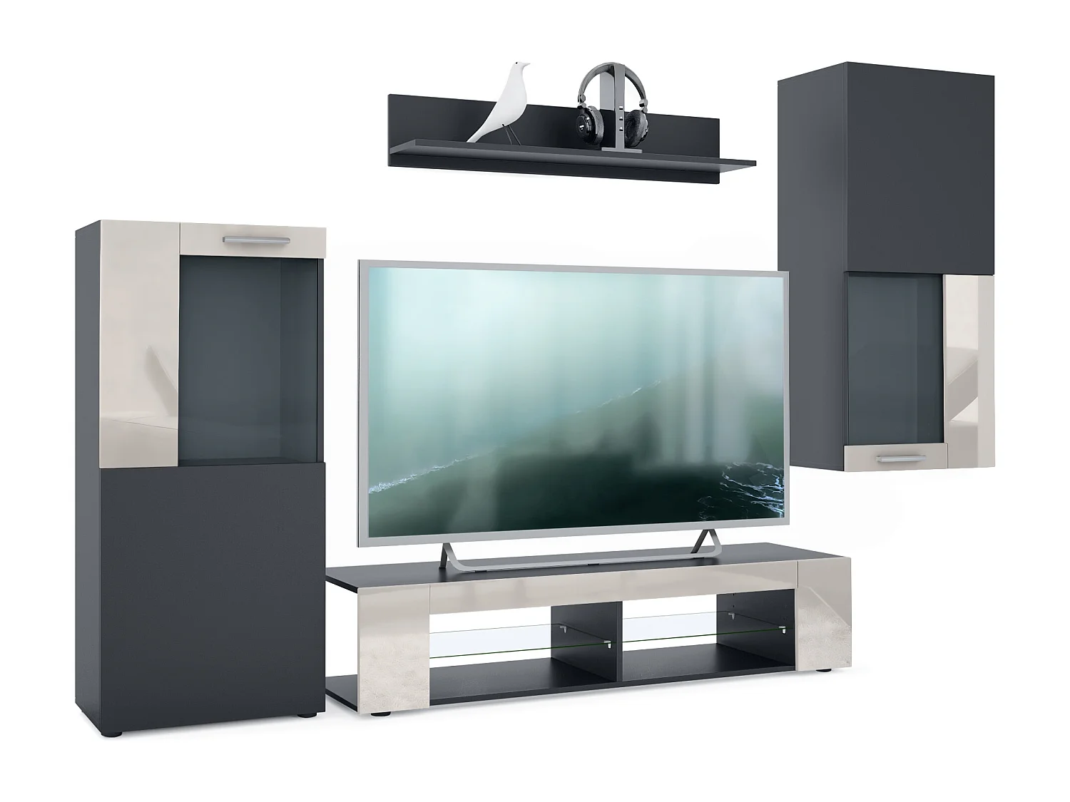 Set da soggiorno  Movie, parete attrezzata con 1 mobile TV, 2 vetrine e 1 scaffale, nero opaco/nero opaco/grigio sabbia lucido (totale: 300 x 190 x 39 cm)