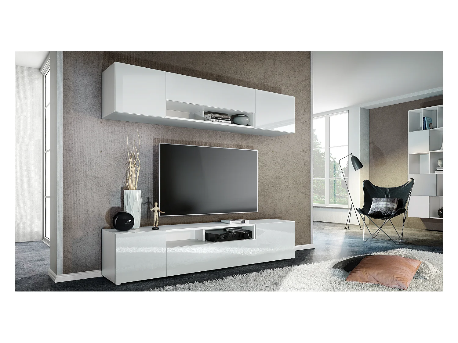 Meuble-paroi Mogan, blanc mat/blanc haute brillance - Meuble mural moderne composé de 2 étagères TV (181 x 147 x 35 cm)