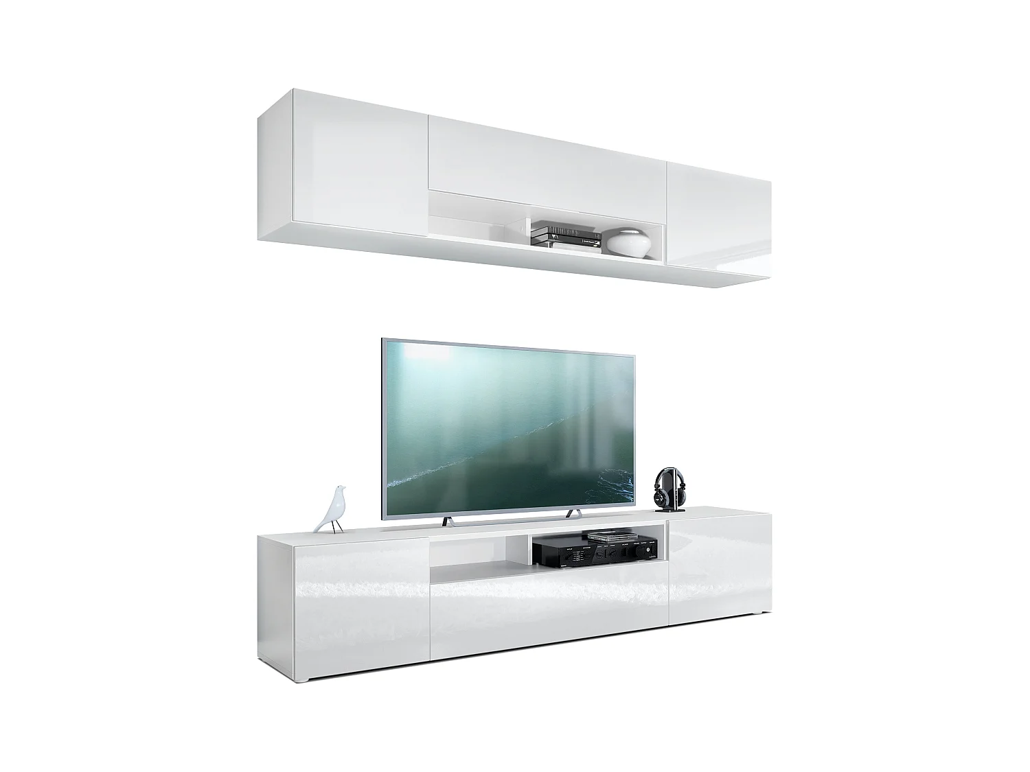 Meuble-paroi Mogan, blanc mat/blanc haute brillance - Meuble mural moderne composé de 2 étagères TV (181 x 147 x 35 cm)