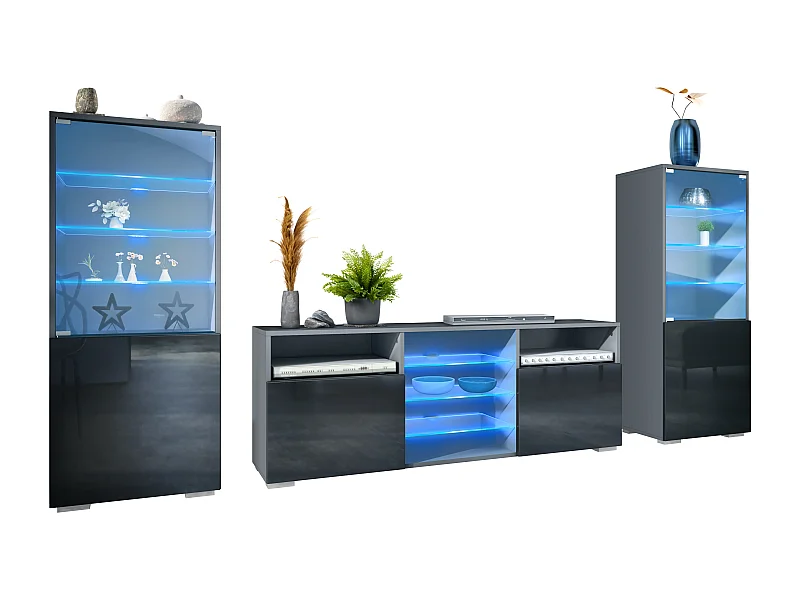 Mobile parete Granada per soggiorno, composto da 2 vetrine e 1 mobile TV, antracite opaco /nero lucido incl. illuminazione a LED (286 x 122,5 x 35 cm)