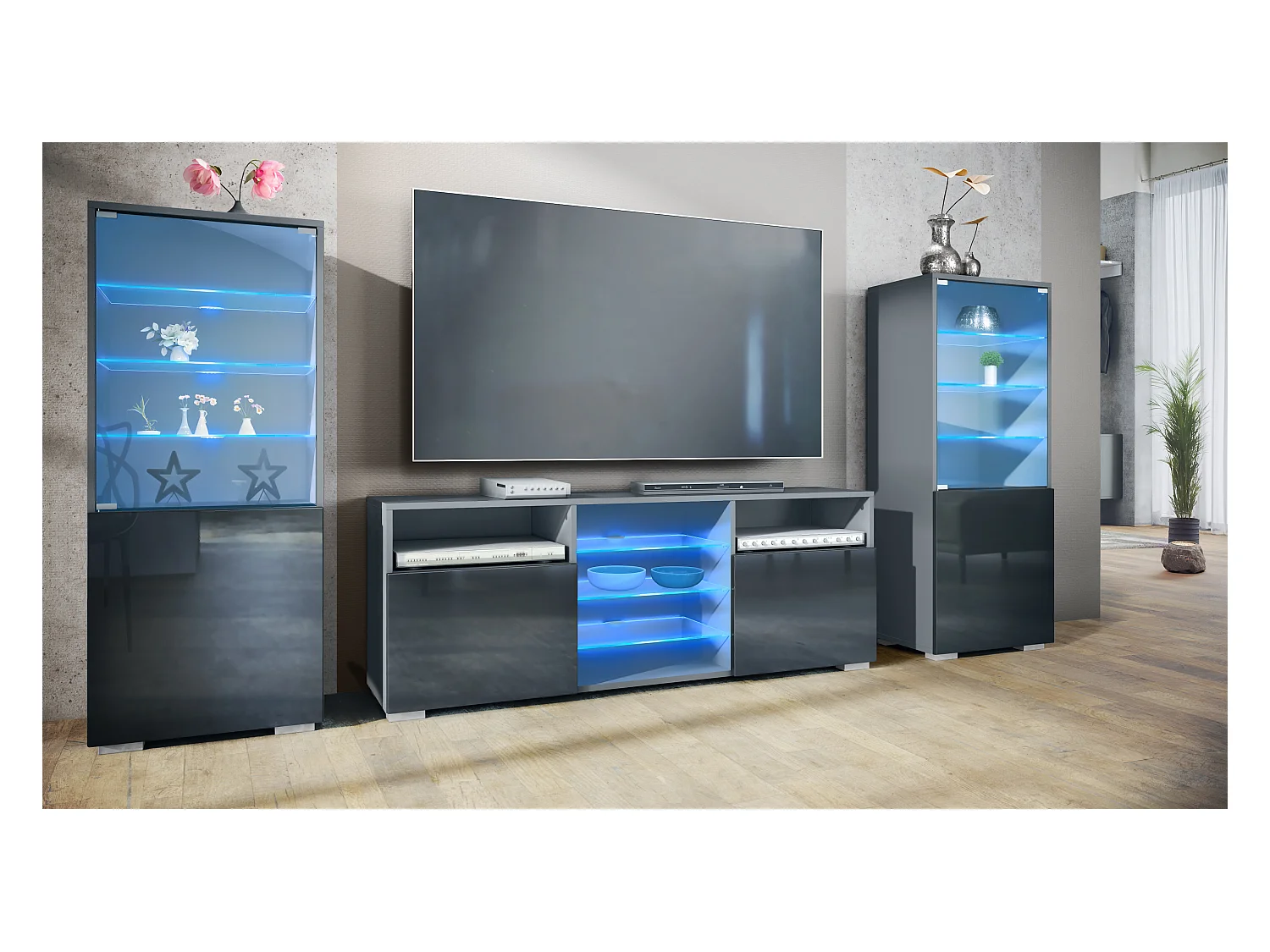 WOHNWAND Granada Schwarz Hochglanz