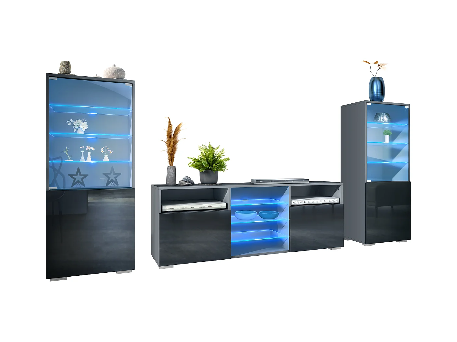 Ensemble mural Granada pour salon, comprenant 2 vitrines et 1 meuble TV, anthracite mat/noir haute brillance éclairage LED inclus (286 x 122,5 x 35 cm)