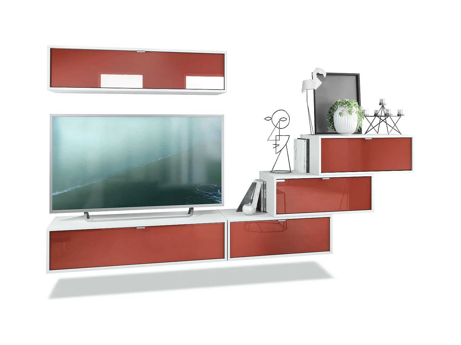 Unité murale Lana V1 composée de 5 unités murales à 12 compartiments, caisson en Blanc mat, façades en Bordeaux haute brillance | Grand choix de couleurs