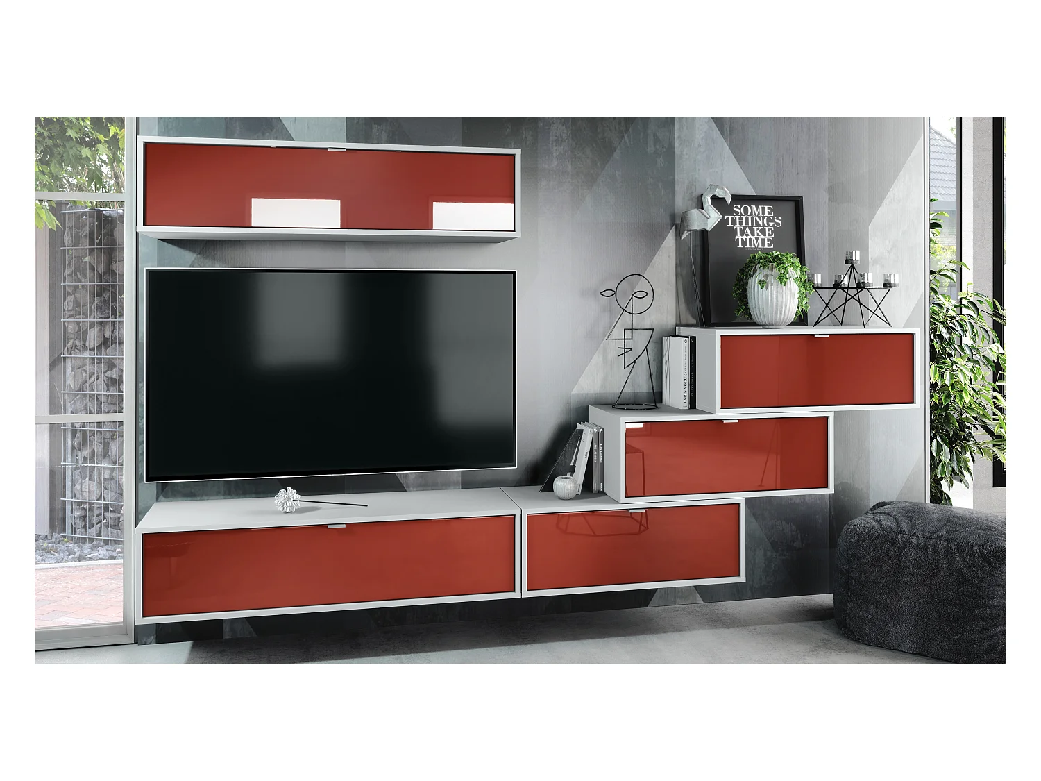 Unité murale Lana V1 composée de 5 unités murales à 12 compartiments, caisson en Blanc mat, façades en Bordeaux haute brillance | Grand choix de couleurs