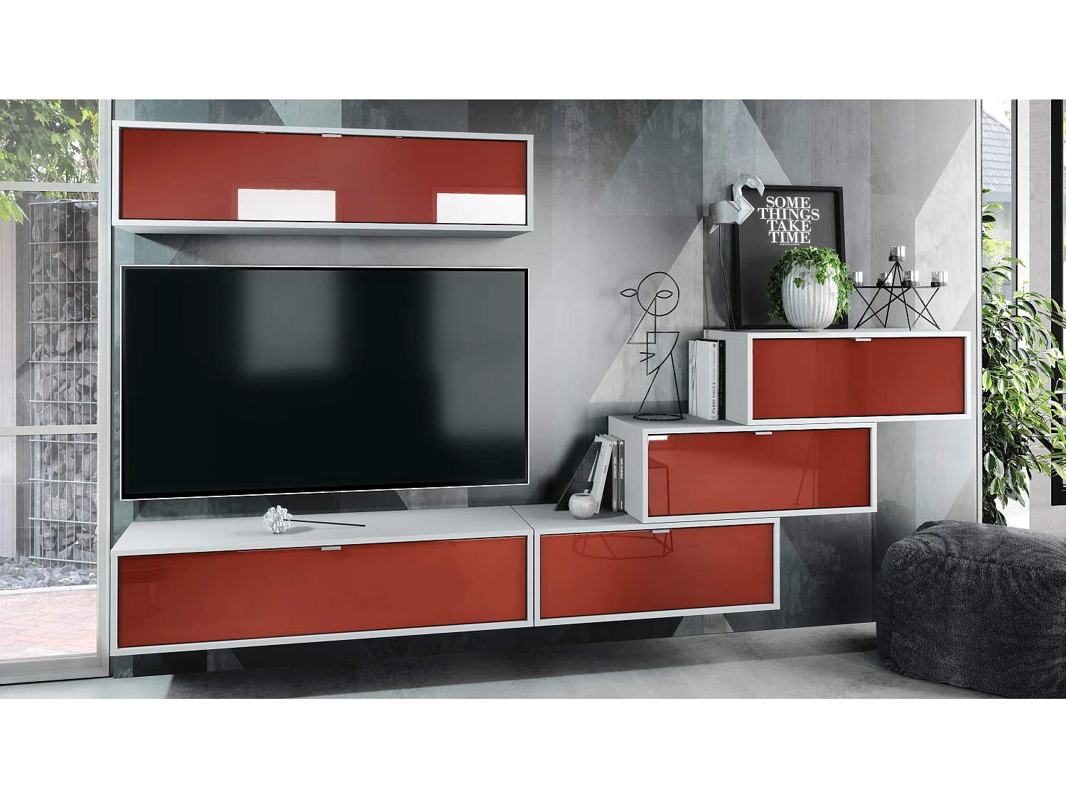 Unité murale Lana V1 composée de 5 unités murales à 12 compartiments, caisson en Blanc mat, façades en Bordeaux haute brillance | Grand choix de couleurs