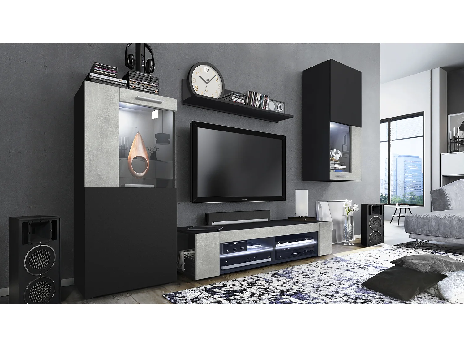 Ensemble de salon Movie comprenant 1 meuble bas TV, 2 vitrines et 1 étagère, Noir mat/Aspect Béton Oxyde, (Dimensions totales : 300 x 190 x 39 cm)