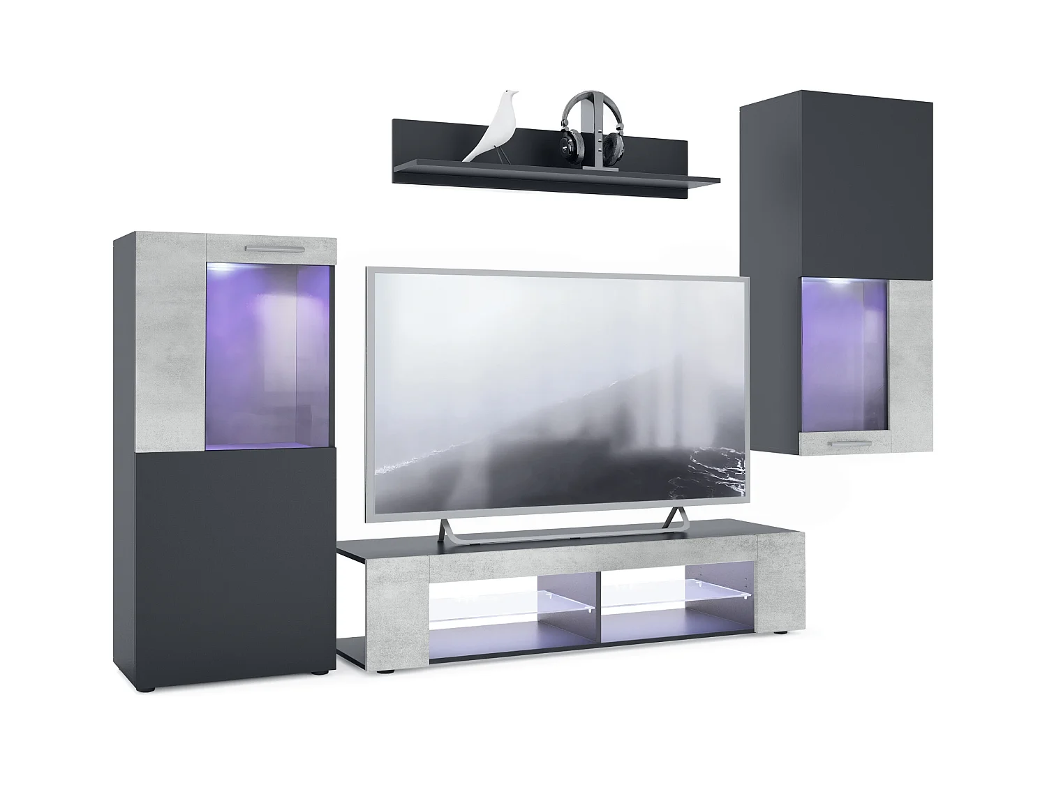 Ensemble de salon Movie comprenant 1 meuble bas TV, 2 vitrines et 1 étagère, Noir mat/Aspect Béton Oxyde, (Dimensions totales : 300 x 190 x 39 cm)