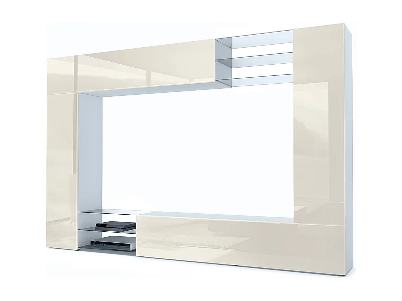 Meuble TV mural Mirage, Ensemble étagère TV avec panneau arrière et 2 portes, 2 clapets et 6 étagères en verre, Blanc mat/Crème brillant (262 x 183 x 39 cm)