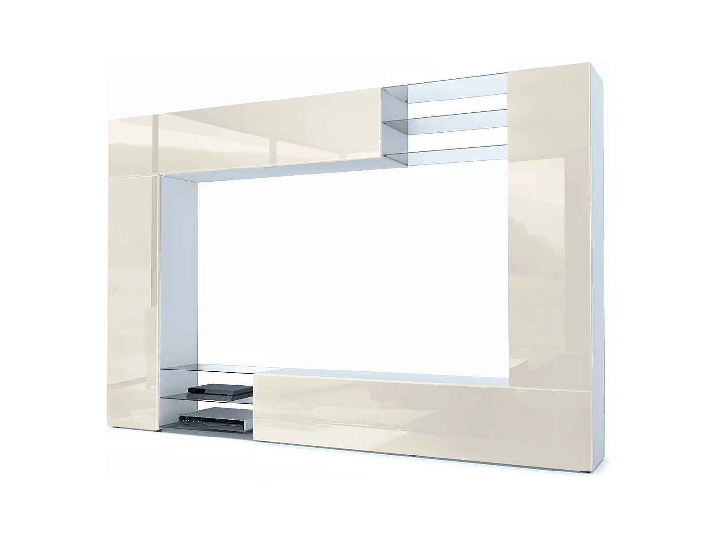 Meuble TV mural Mirage, Ensemble étagère TV avec panneau arrière et 2 portes, 2 clapets et 6 étagères en verre, Blanc mat/Crème brillant (262 x 183 x 39 cm)