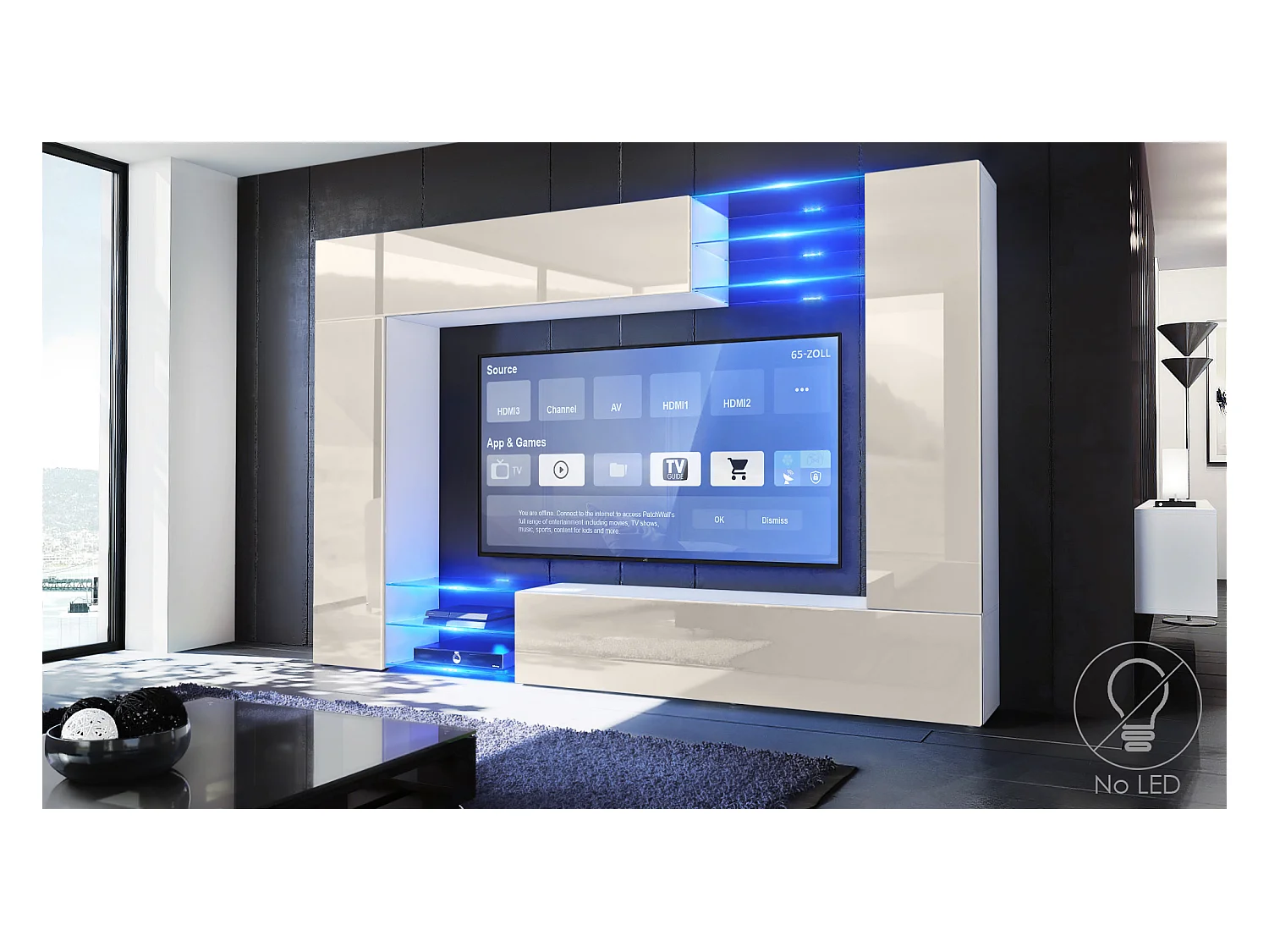 Meuble TV mural Mirage, Ensemble étagère TV avec panneau arrière et 2 portes, 2 clapets et 6 étagères en verre, Blanc mat/Crème brillant (262 x 183 x 39 cm)