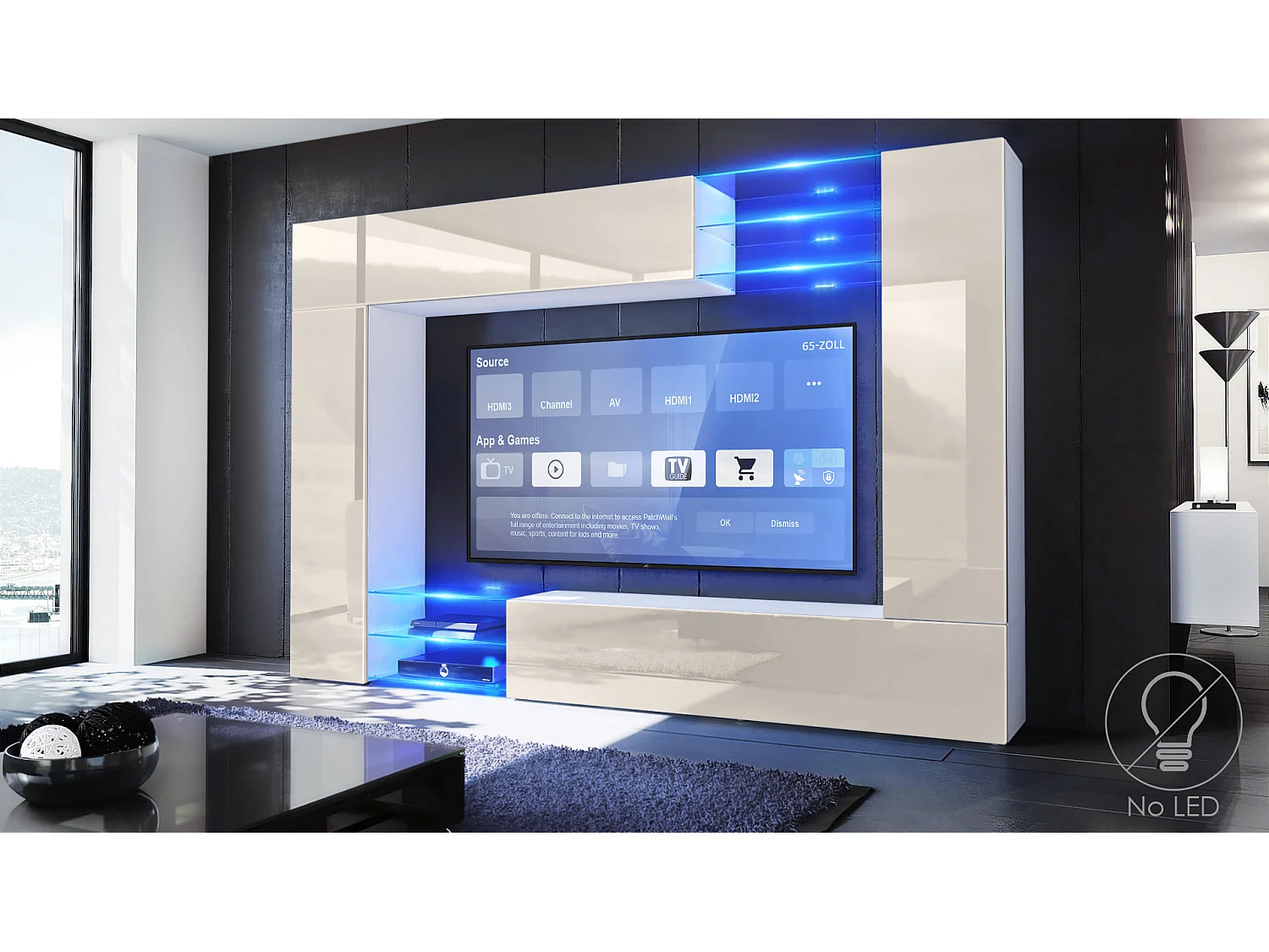 Set da soggiorno  Mirage, Parete attrezzata con 2 ante, 2 ante a ribalta e 6 ripiani a giorno in vetro, bianco opaco/crema lucido (262 x 183 x 39 cm)