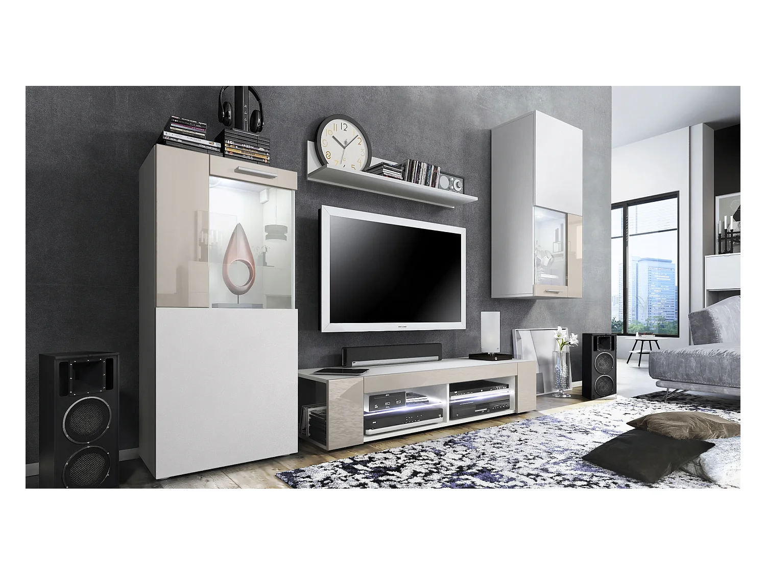 Ensemble de salon Movie comprenant 1 meuble bas TV, 2 vitrines et 1 étagère, Blanc mat/Gris sable haute brillance, (Dimensions totales : 300 x 190 x 39 cm)