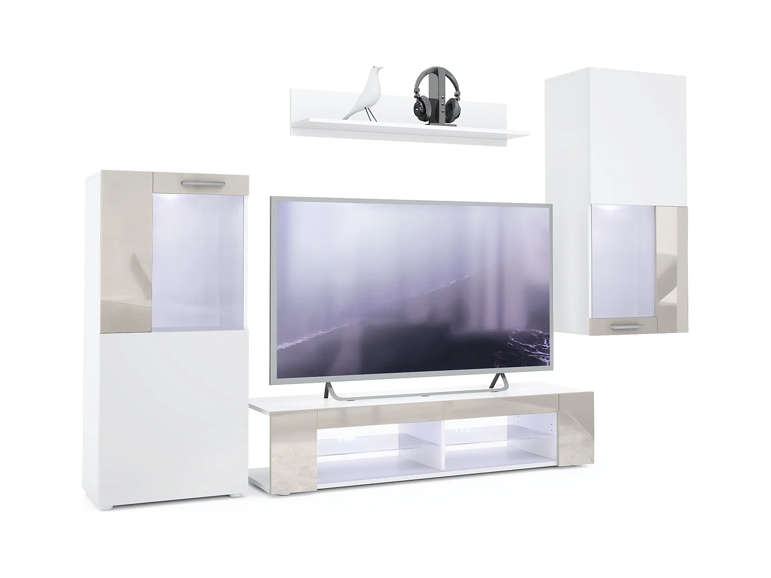 Ensemble de salon Movie comprenant 1 meuble bas TV, 2 vitrines et 1 étagère, Blanc mat/Gris sable haute brillance, (Dimensions totales : 300 x 190 x 39 cm)