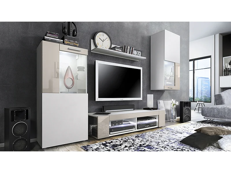 WOHNWAND Movie Absetzungen in Sandgrau Hochglanz